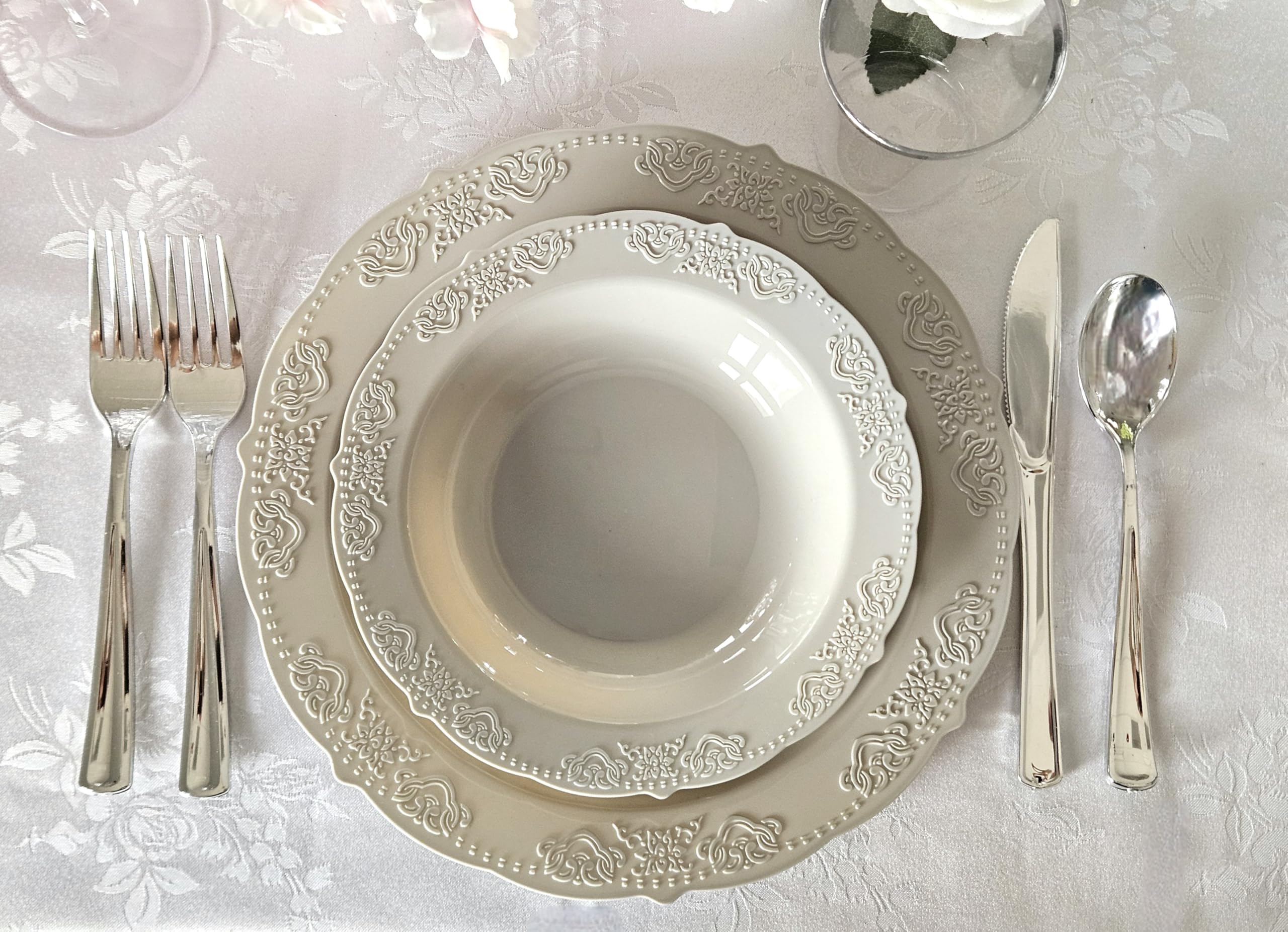 60 Pack Vintage Disposable Plastic Plates & Bowls - 10oz Soup Bowls for Wedding, Party, Picnic, BBQ - Elegant Warm Gray Portofino Design