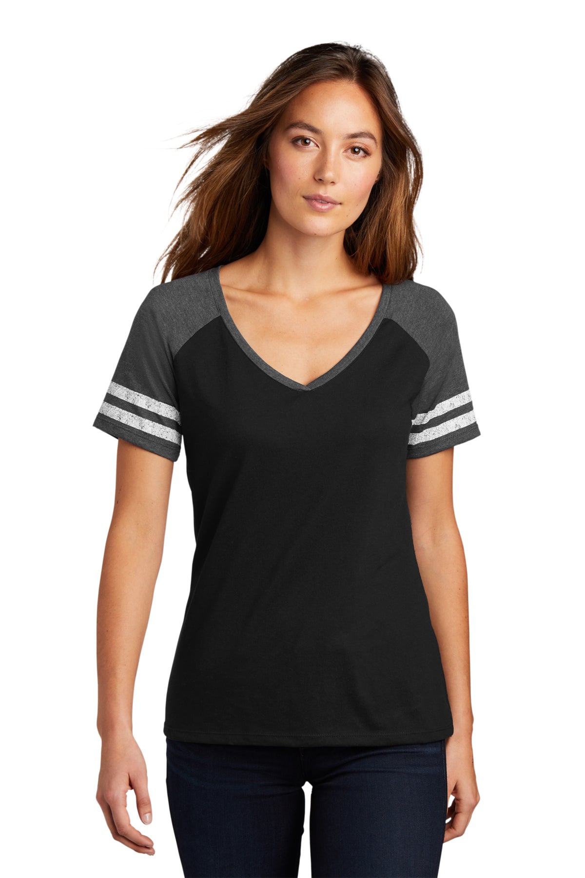 District Made Women's Game V-Neck T-Shirt - Black & Heathered Charcoal - Casual Wear for Sports, Outings & Everyday Comfort