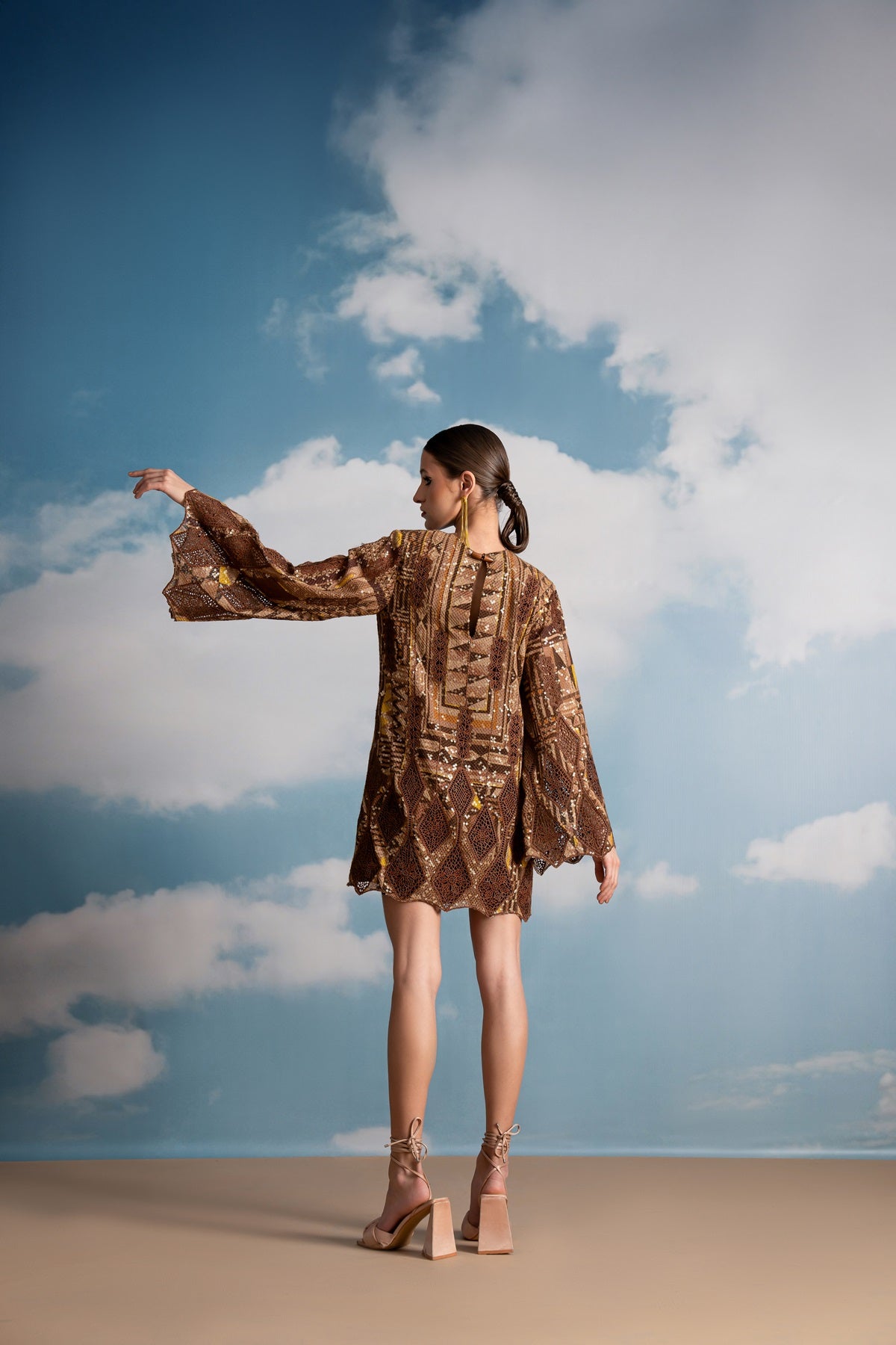 Elegant Brown Sequin Embroidered Dress with Cutwork Detailing - Perfect for Evening Parties, Weddings & Special Occasions