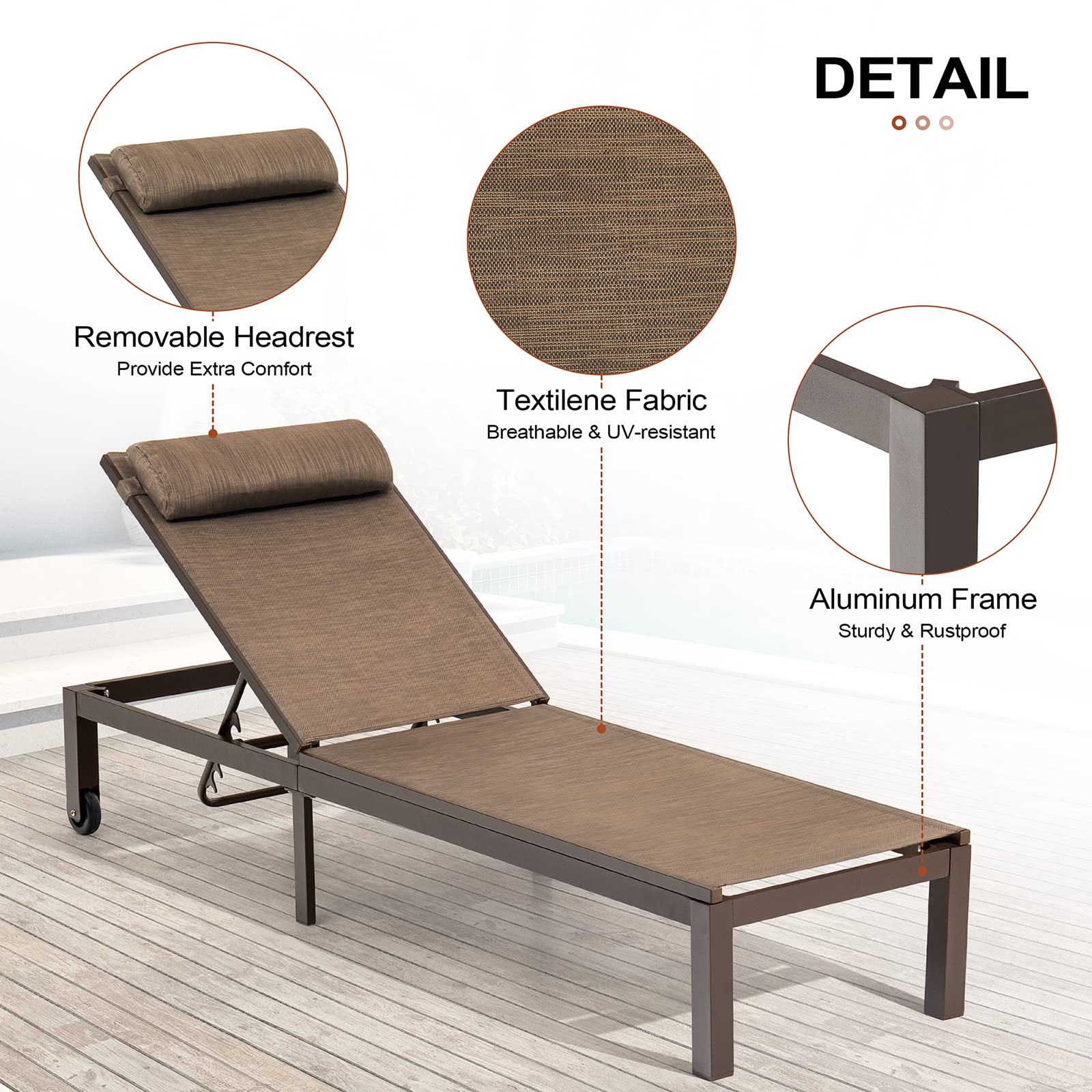 **Crestlive Adjustable Aluminum Patio Chaise Lounge with Headrest & Wheels – 6-Position Recliner for Poolside, Beach, Yard – All-Weather Outdoor Lounge Chair for Relaxing & Sunbathing**