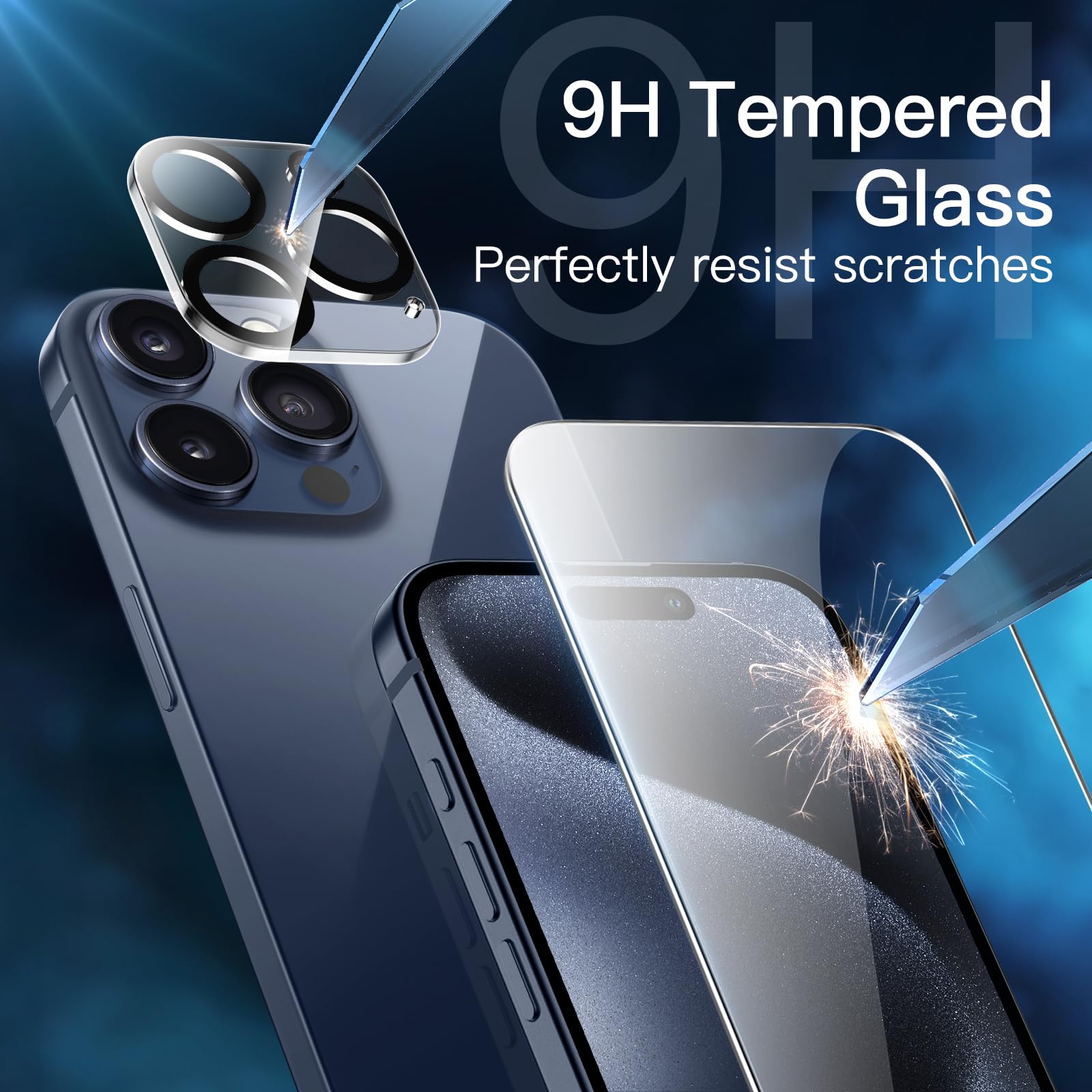 JETech 5-in-1 Matte Shockproof Case for iPhone 15 Pro (6.1-Inch) with 2-Pack Tempered Glass Screen Protector & Camera Lens Protector - Translucent Back Storm Blue Cover | Perfect for Daily Use, Travel & Outdoor Activities