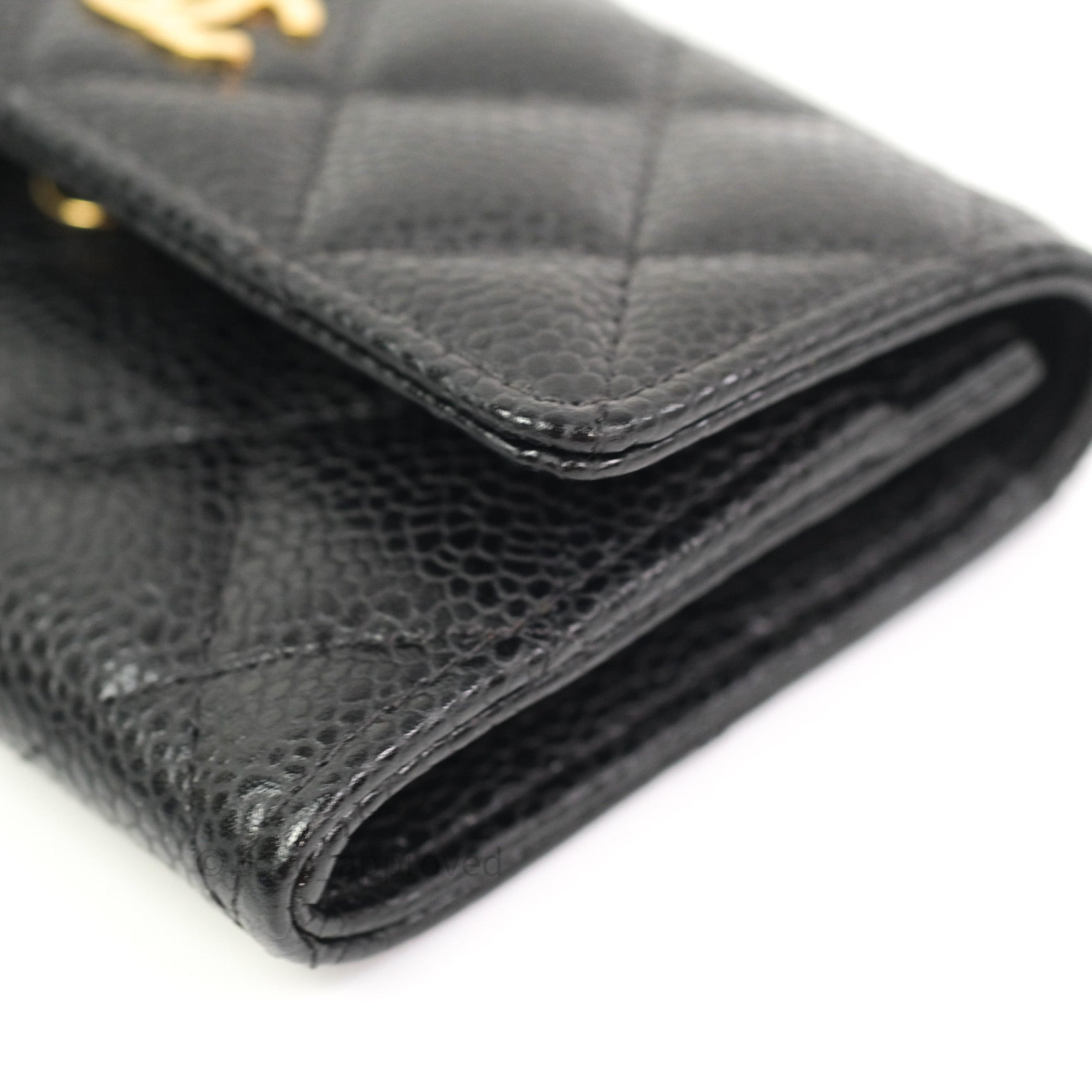 Chanel Black Caviar Leather Card Holder with Gold Snap Button - Compact Wallet for Credit Cards & ID - Perfect for Everyday Use, Travel, and Gifting