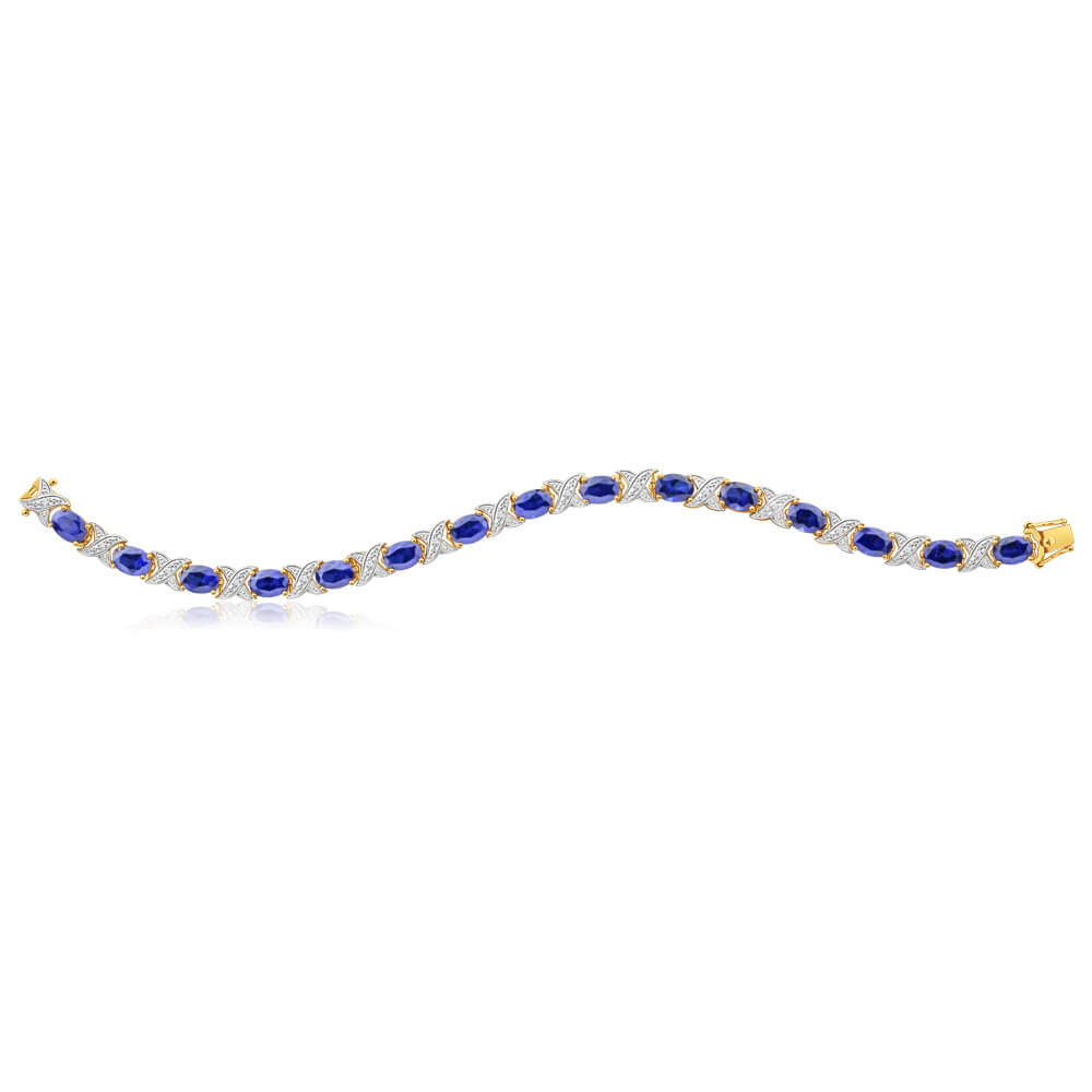 9ct Yellow Gold 7x5mm Oval Cut Lab-Created Sapphire & Diamond 19cm Crossover Bracelet for Women - Elegant Gift for Anniversary, Birthday & Special Occasions