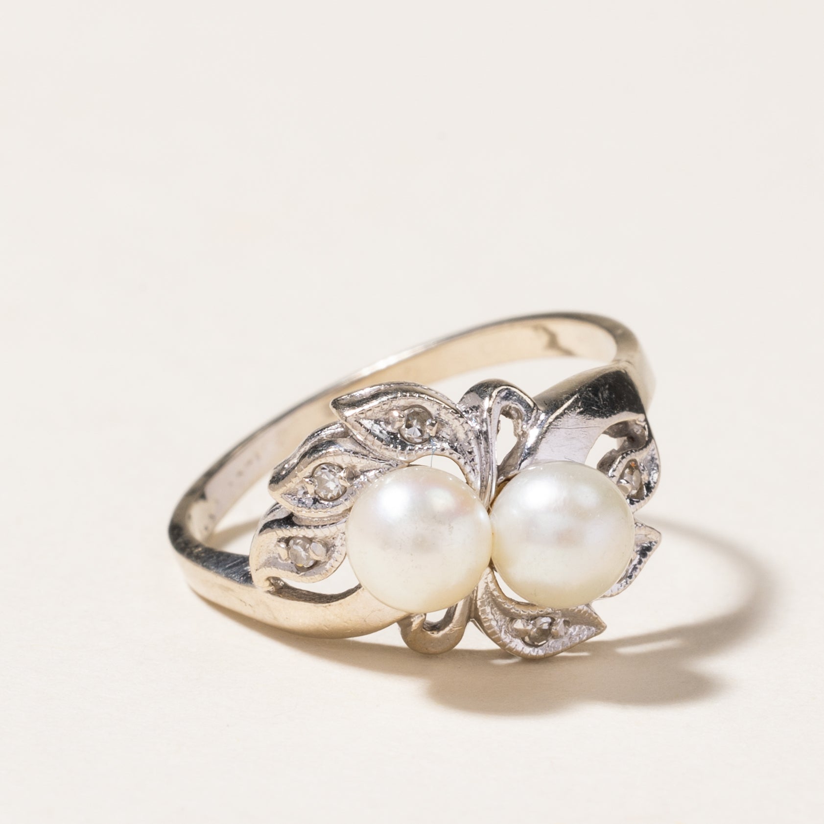 Elegant Pearl & Diamond Leaf Design Ring - 5.30mm, 0.03ctw, Size 7 | Perfect for Weddings, Anniversaries & Special Occasions