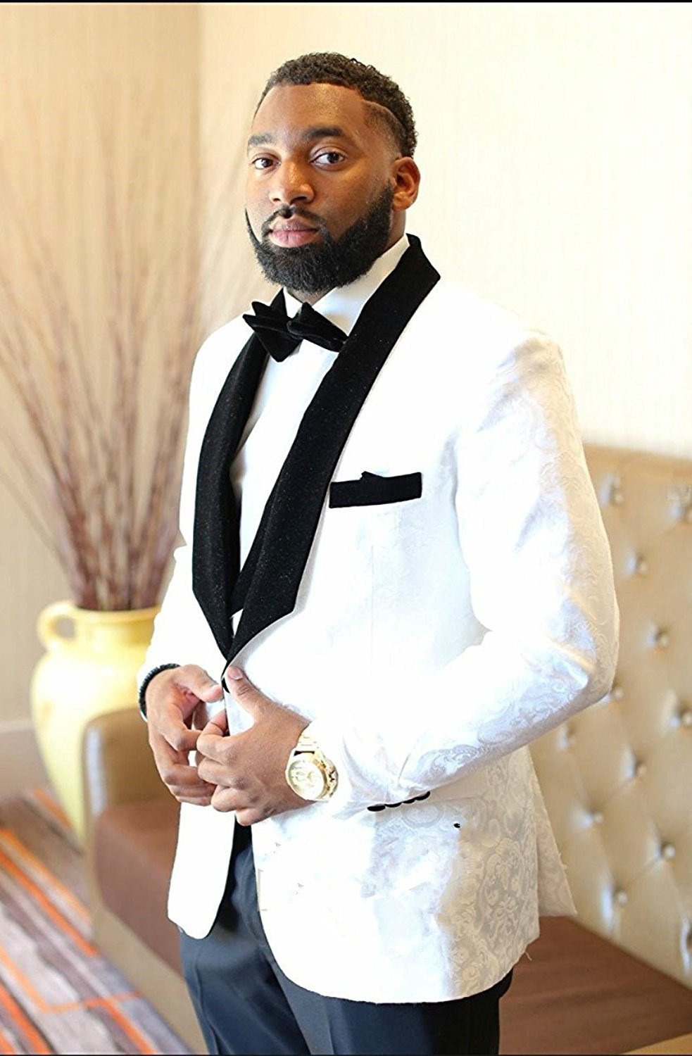 Men's Slim Fit Floral Weave 1-Button Tuxedo Suit 3-Piece Set - Wedding Groomsmen Formal Attire | Perfect for Prom, Parties, Special Occasions & Evening Events | Elegant Dinner, Cocktail Reception, Black Tie Gala