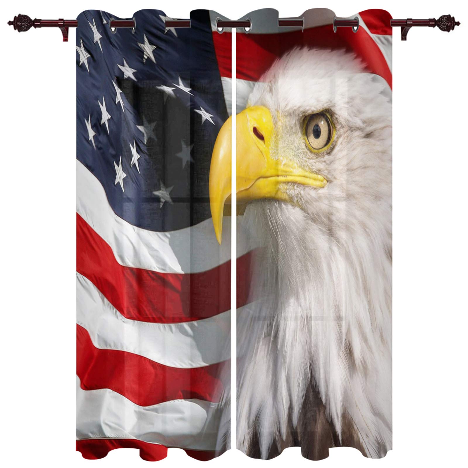 USA Flag Grommet Curtains - Bald Eagle Stars & Stripes - 52x52 Inch Set of 2 for Bedroom & Living Room