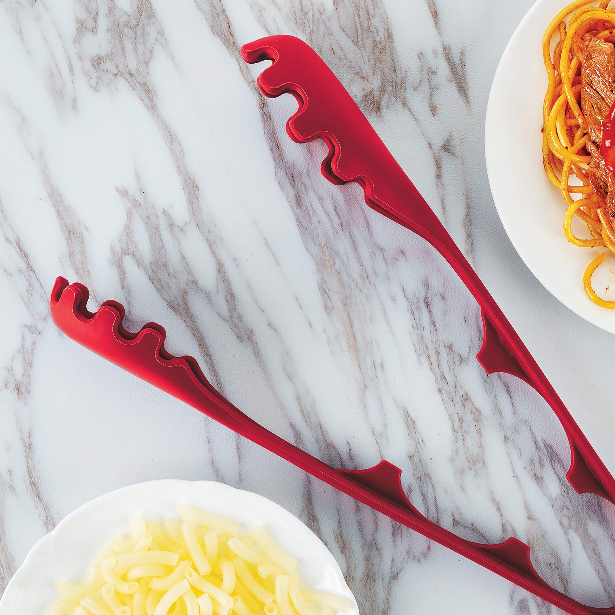 Fox Run 2-in-1 Pasta Measuring Tongs - 12.5 Inch Kitchen Tool for Cooking & Serving Spaghetti, Macaroni - Perfect for Italian Cuisine & Meal Prep (Red)