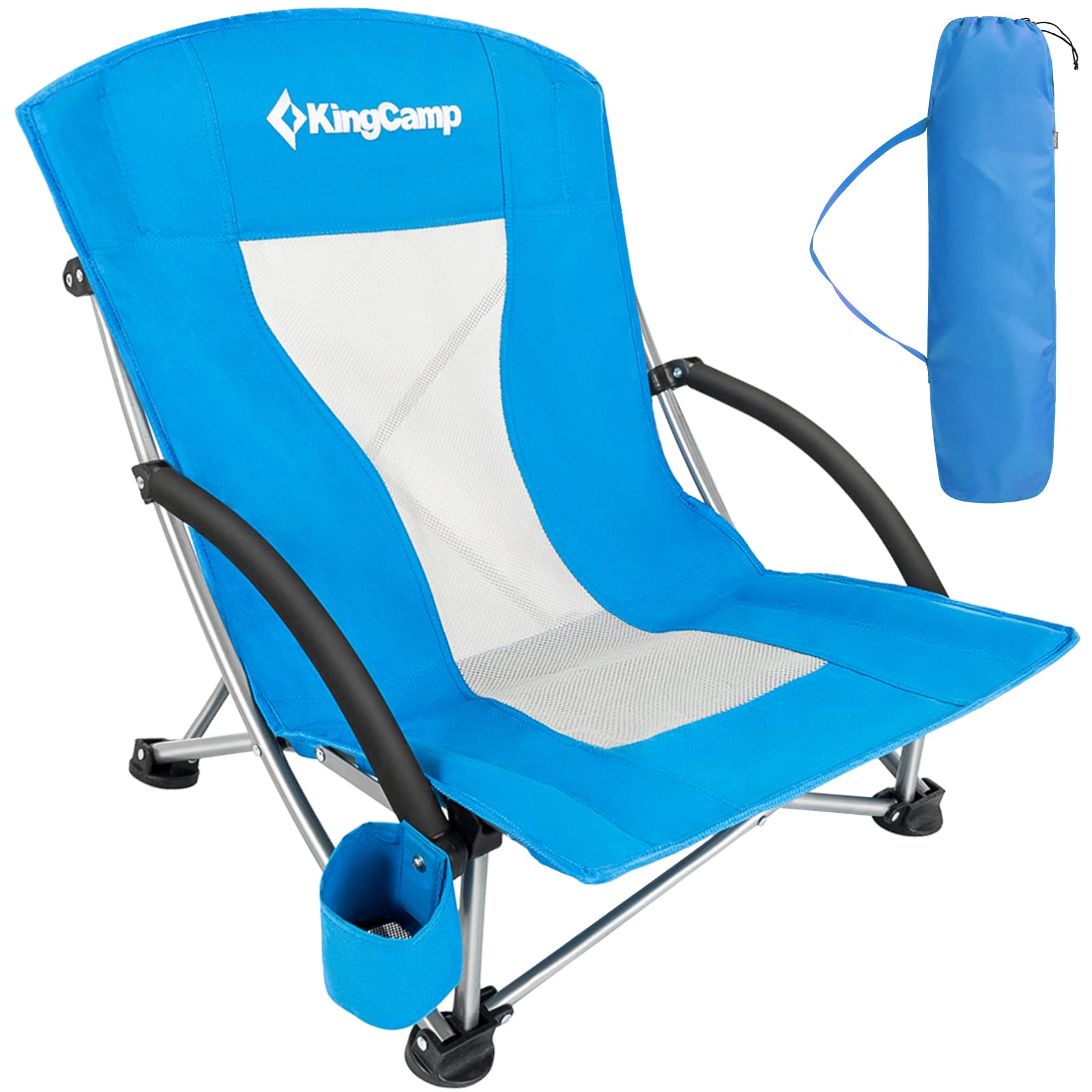 KingCamp Heavy Duty Folding Beach Chair for Adults - Lightweight Portable Camping Chair with Cup Holder, Carry Bag & Headrest - Supports 300lbs - Perfect for Beach, Backyard, Picnic, Travel & Outdoor Relaxation - Blue Low Back Design (1PC)