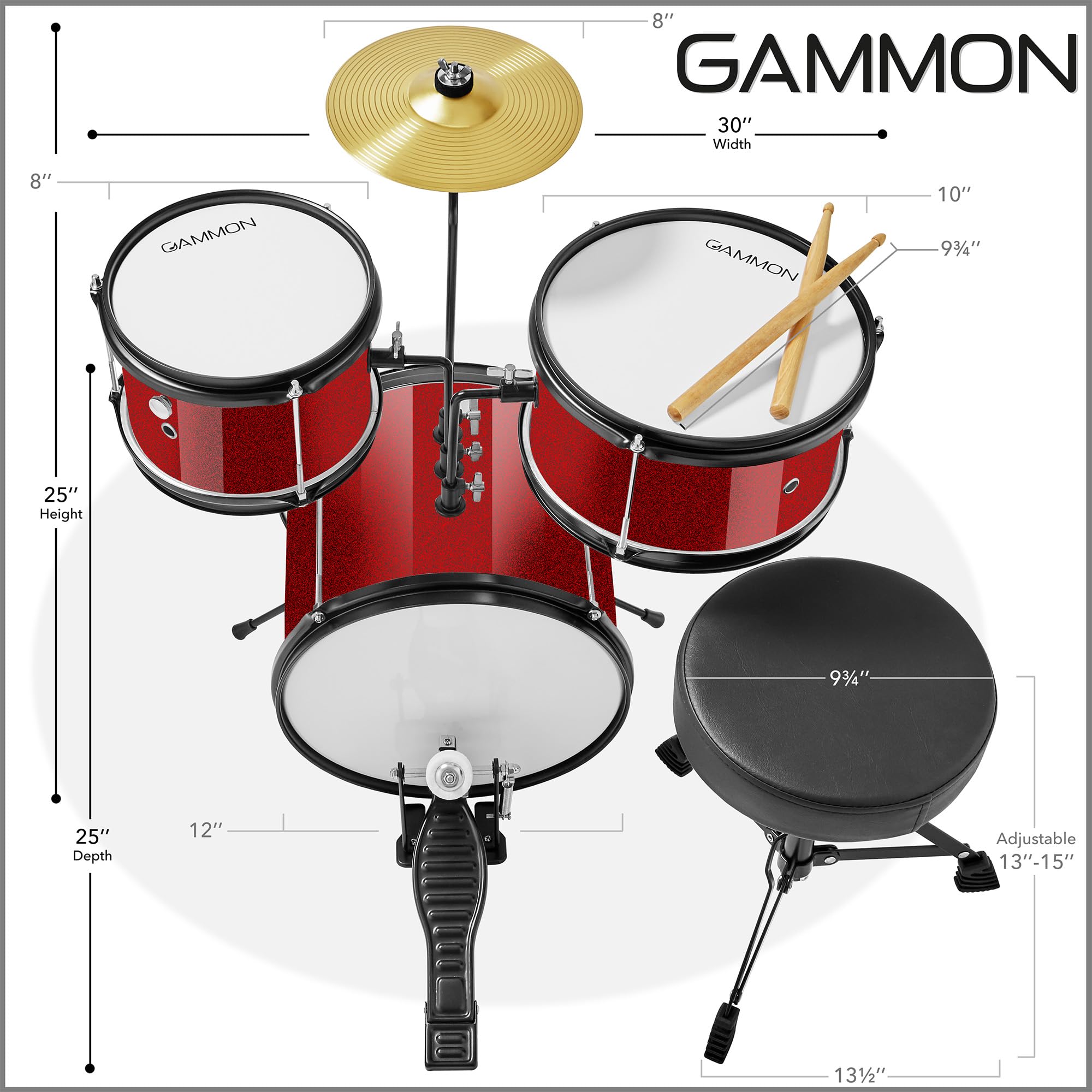 Gammon 3-Piece Junior Drum Set with Throne - Red, Complete Beginner Drum Kit with Bass Drum, Toms, Cymbal, Pedal & Drumsticks | Perfect for Kids Music Lessons, Home Practice & First Drum Set for Young Musicians