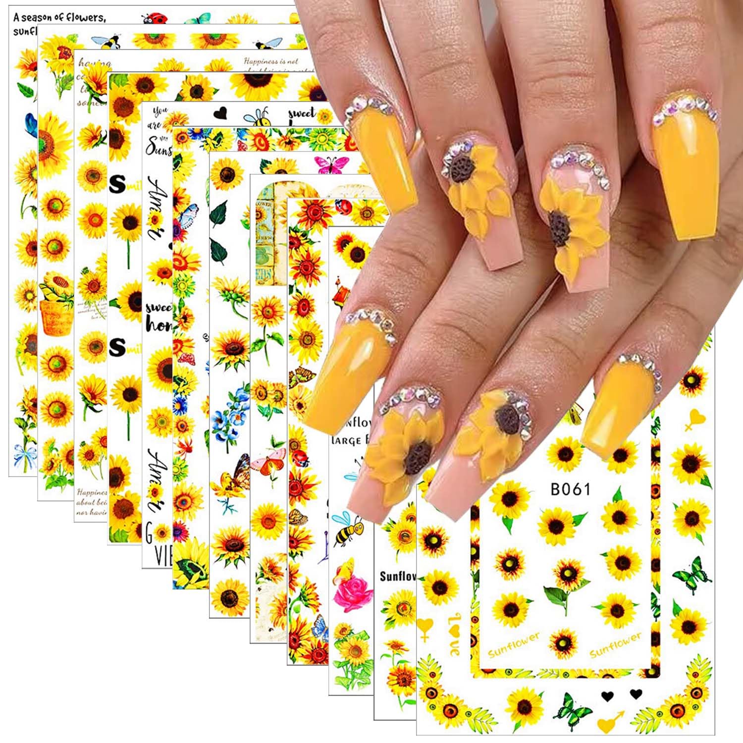 12 Sheets 3D Elegant Floral Nail Stickers - Spring Daisy Sunflower Leaf Nail Art Decals, Self-Adhesive DIY Acrylic Nail Decorations for Women, Girls - Perfect for Parties, Weddings, Salons & Nail Art Enthusiasts