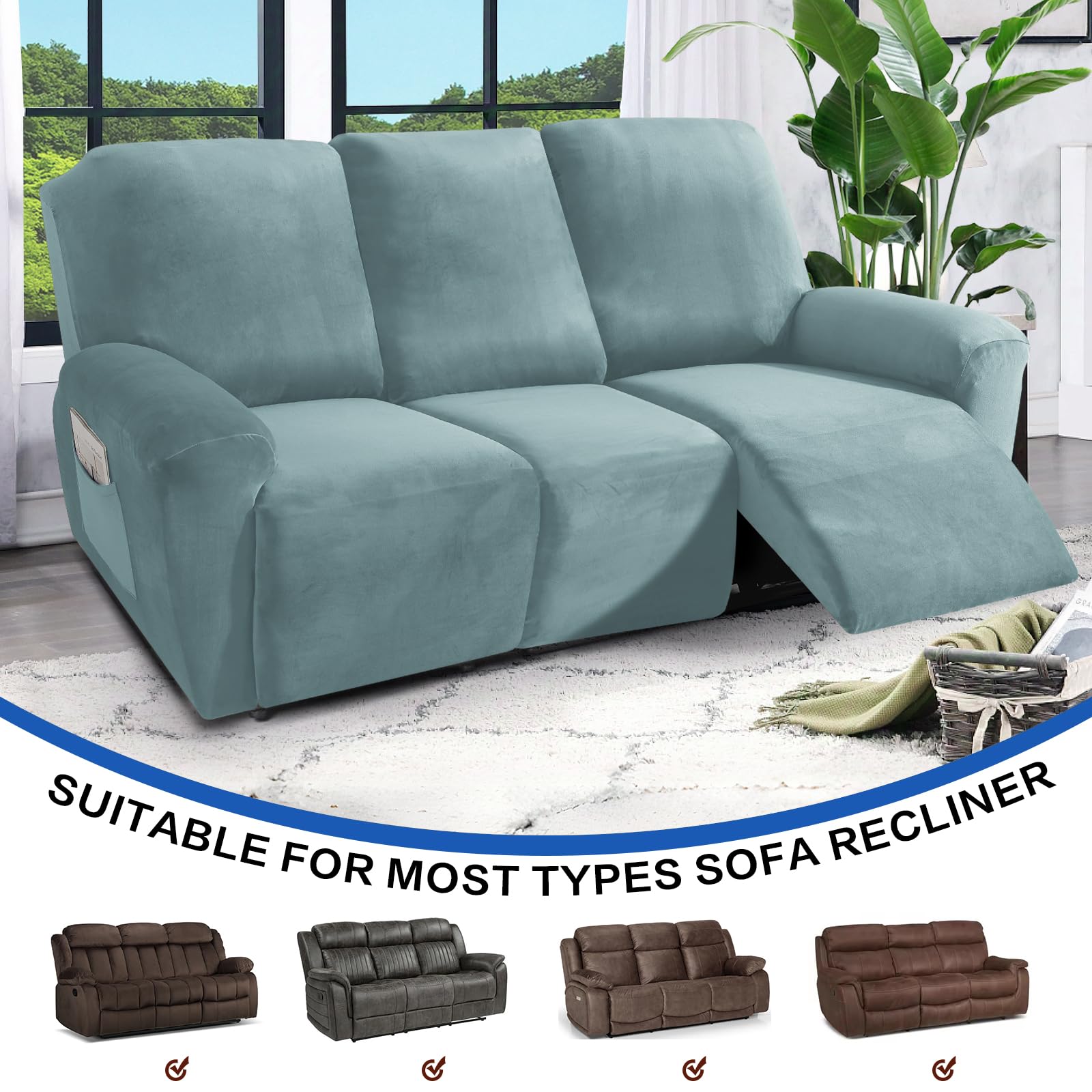 MAXIJIN 8-Piece Stretch Velvet Recliner Sofa Covers Set - Soft, Thick & Washable Slipcovers for 3-Cushion Reclining Couches (Dusty Blue) - Perfect for Living Room, Home Theater & Family Room Furniture Protection