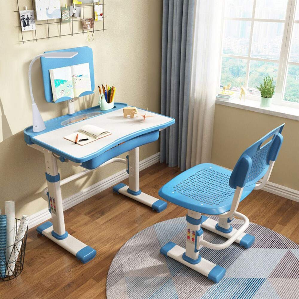 LVYUAN Adjustable Kids Study Desk and Chair Set with Tiltable Desktop, 3-Level LED Light - Ergonomic Children's Learning Table for Bedroom, Homeschool & Classroom (Blue) - Perfect for Homework, Drawing & Online Learning