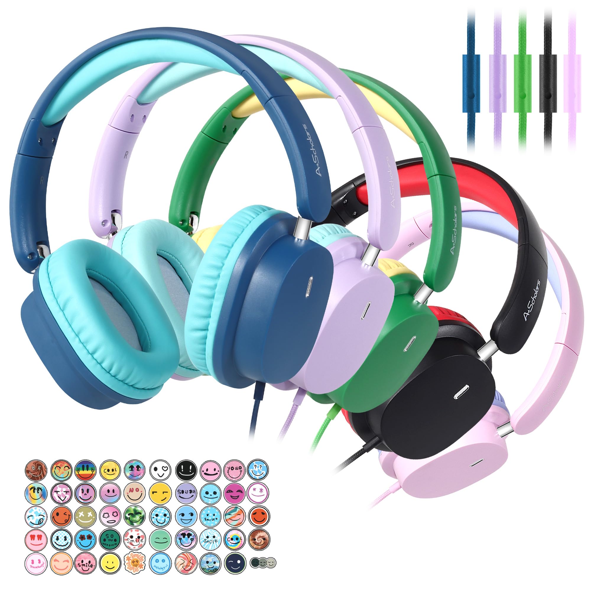 5-Pack Kids Headphones Bulk Set - Foldable Over-Ear Wired Headphones with 3.5mm Jack for School, Classroom, Online Learning, Travel & Airplane Use - Colorful Design for Boys and Girls
