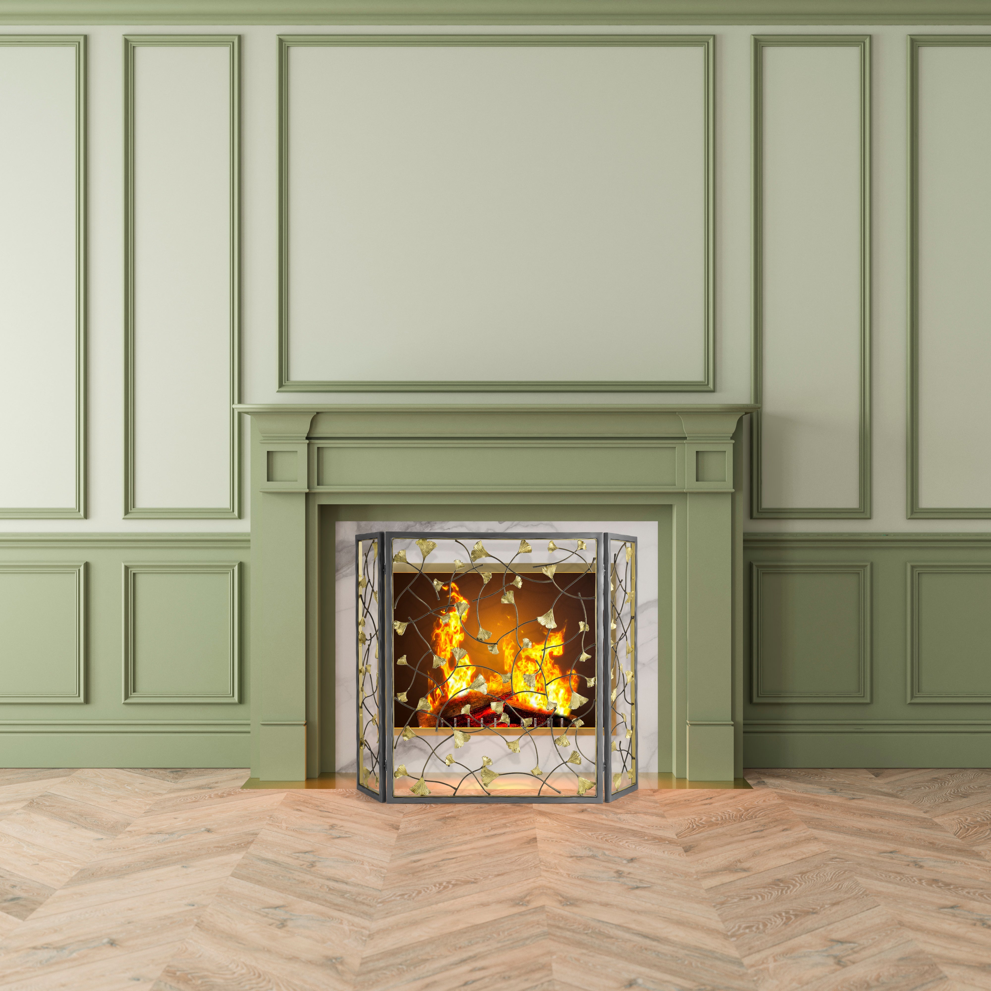 Golden Ginkgo Decorative Fireplace Screen - Elegant Handcrafted Metal Fireplace Cover for Home Decor - Perfect for Living Room, Bedroom, and Winter Fireplace Safety