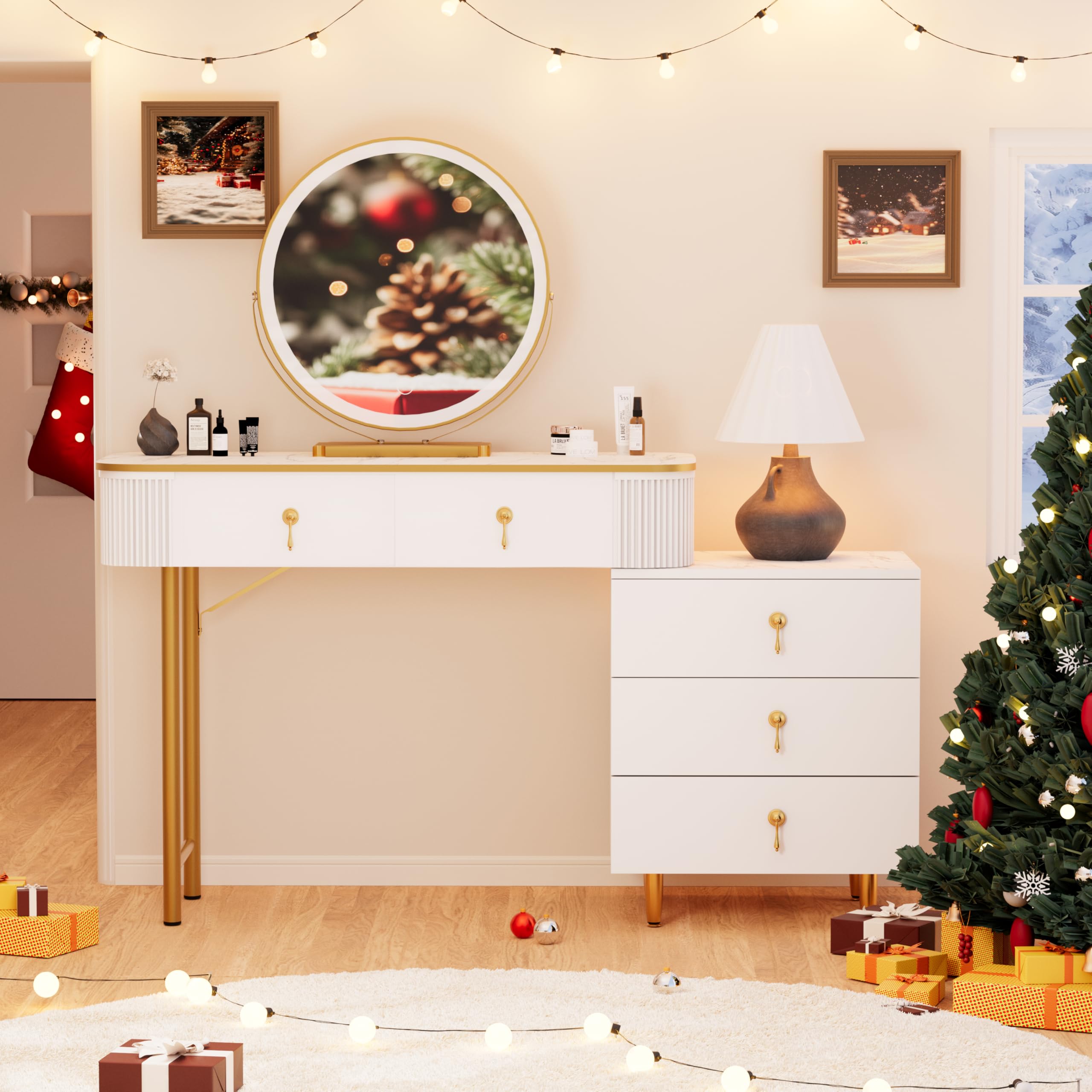 Modern Makeup Vanity Desk with LED Lights & Touch Screen - 3 Color Adjustable Mirror, 5 Storage Drawers, White Dressing Table | Perfect for Bedroom, Salon & Beauty Room Organization