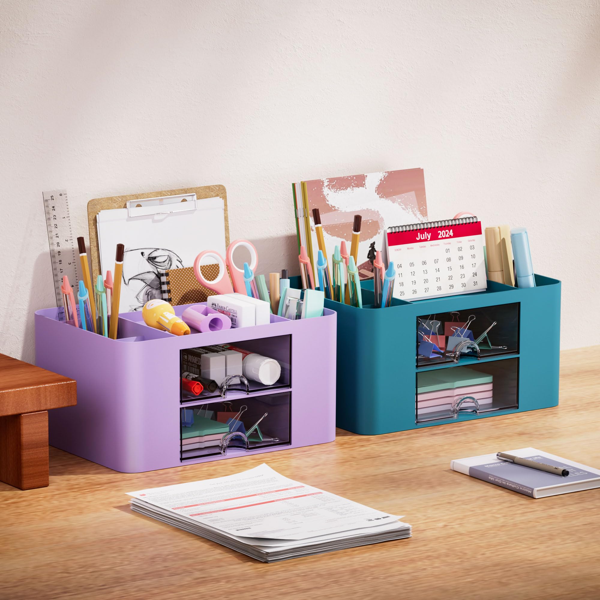 Marbrasse 2-Drawer Pen Organizer - Multi-Functional Desk Pencil Holder with 5 Compartments for Office & Art Supplies (Purple) | Perfect for Home Office, School & Craft Room Organization