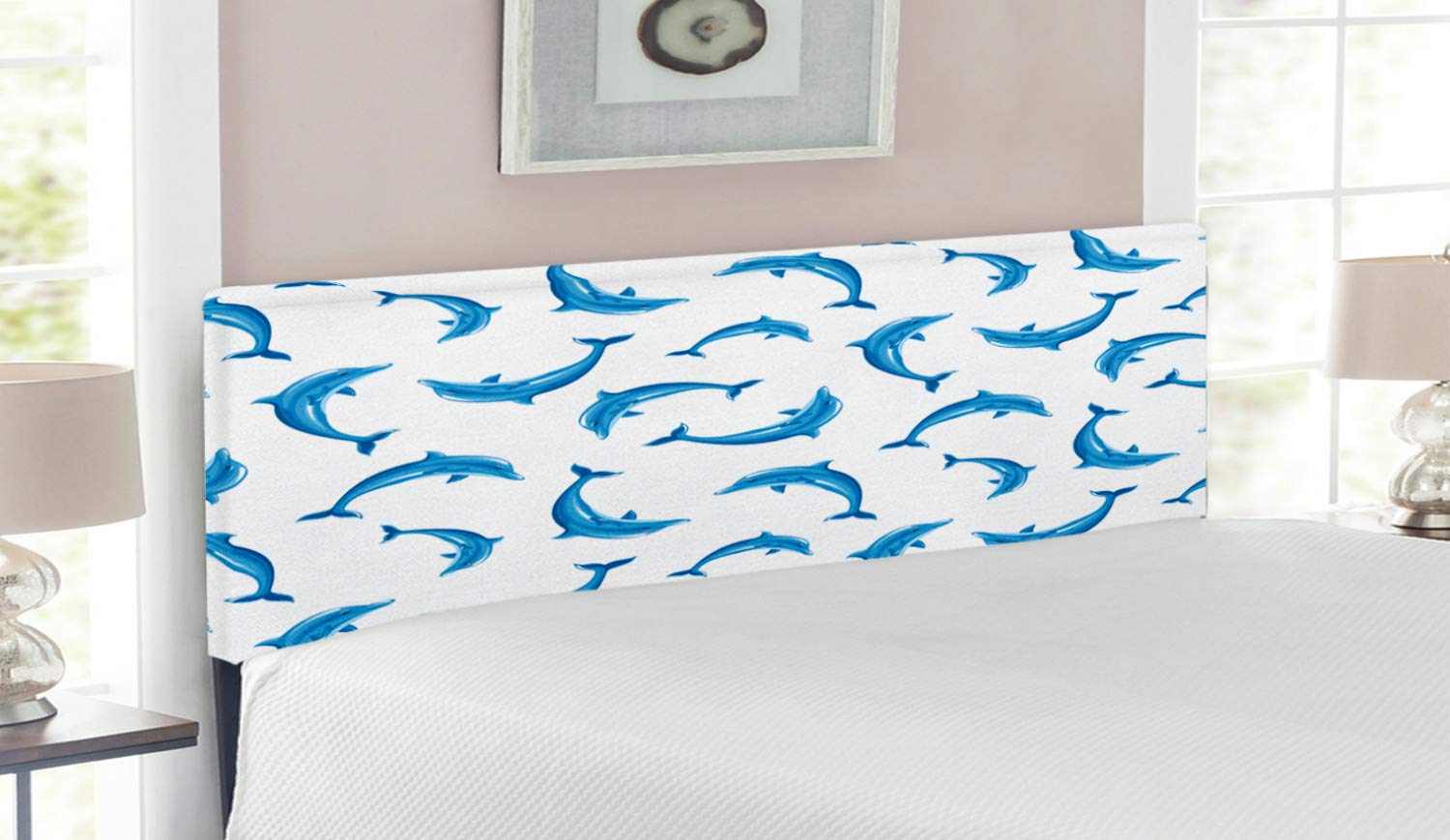 Ambesonne Sea Animals Headboard with Dolphins Illustration - Upholstered Decorative Metal Bed Headboard with Memory Foam, Queen Size, Blue White - Perfect for Coastal & Nautical Bedroom Decor, Kids Room or Marine Theme Nursery