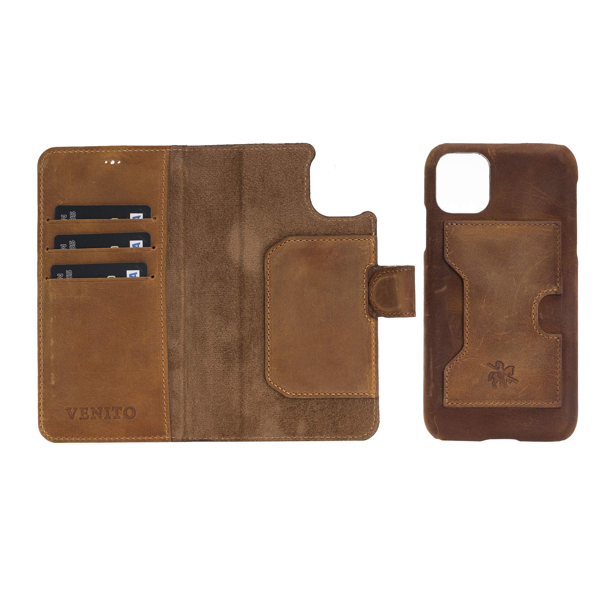 Venito Florence Genuine Leather Wallet Phone Case for iPhone 11 - RFID Blocking Protection - Detachable Card Holder - Premium Antique Brown - Perfect for Travel, Business & Everyday Use