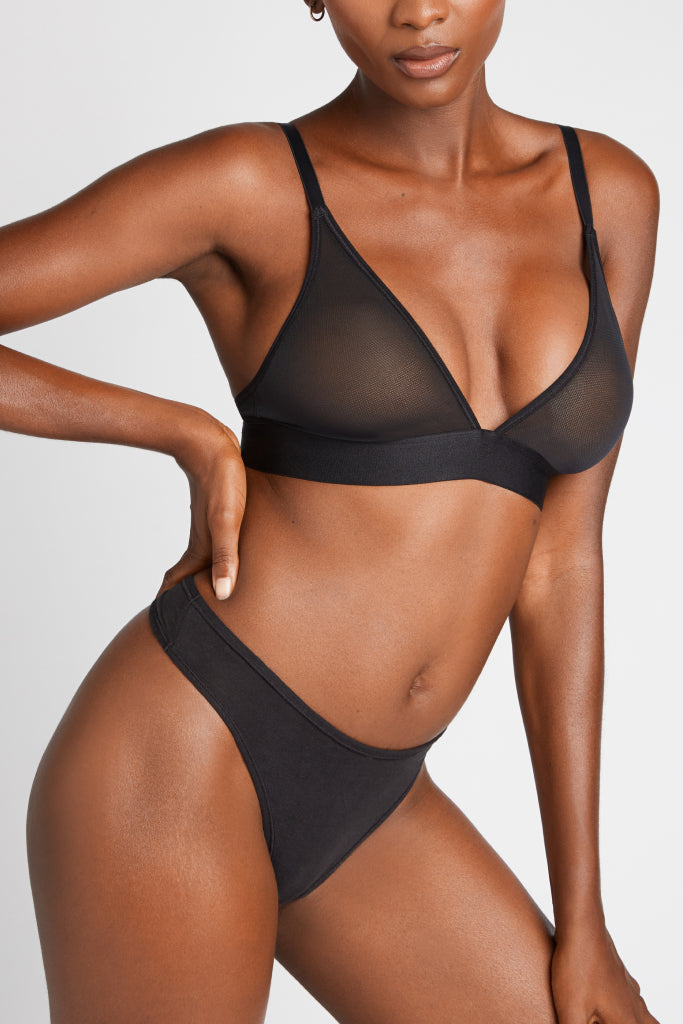 Black Triangle Bra with Mesh Detailing - Comfortable Lace Bralette for Everyday Wear, Yoga, and Lounge