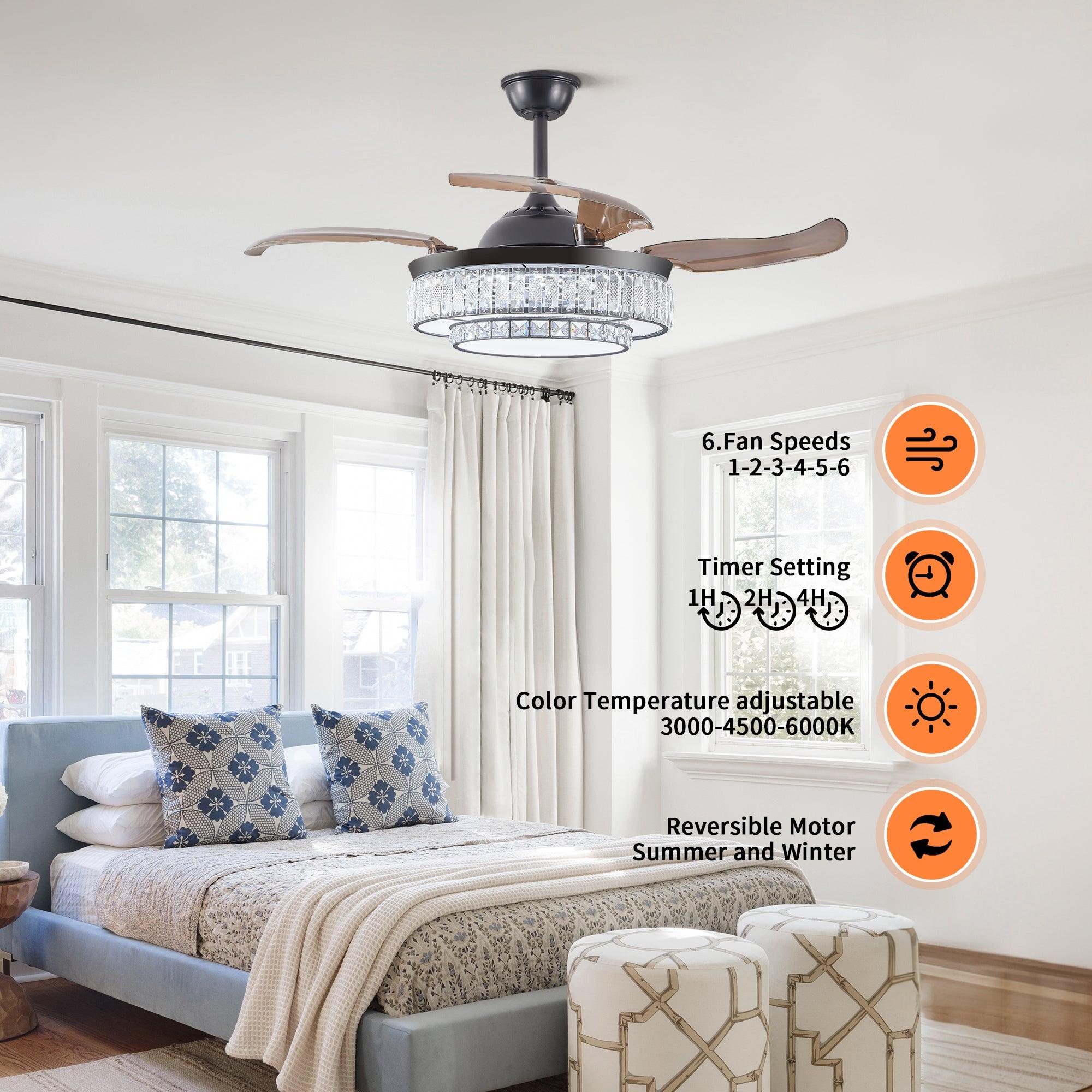 Modern LED Retractable Ceiling Fan with Light & Remote Control - Ultra Quiet Reversible 4-Blade Design for Kitchen, Bedroom, Dining Room & Patio | Energy Efficient Cooling & Stylish Home Decor