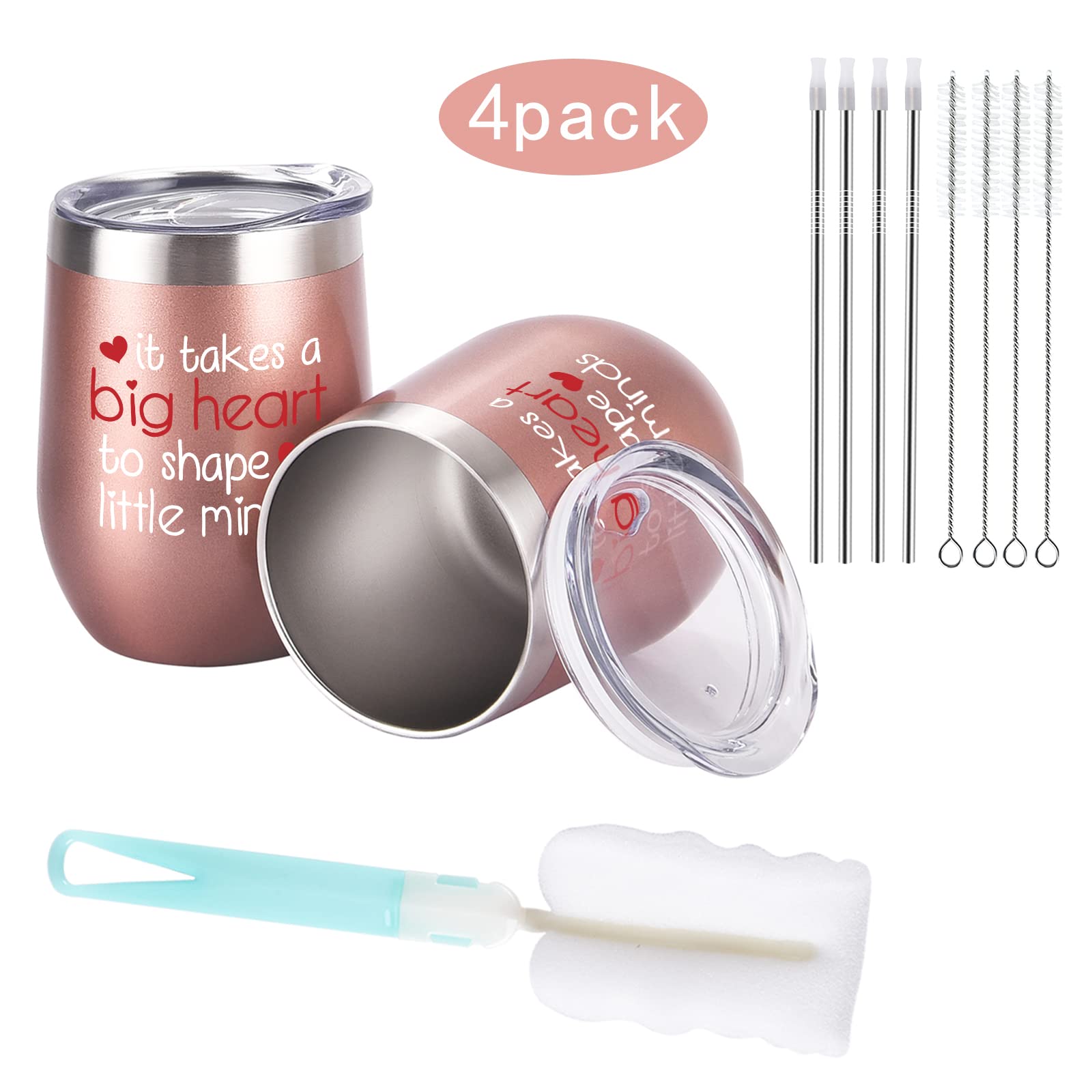 4-Pack Rose Gold Stainless Steel Wine Tumblers with Lids - 12oz Teacher Appreciation Gifts Bulk Set for Women, Perfect for Birthday, Christmas & Thank You Presents - Ideal for Coffee, Wine & Beverages at School, Home or Office