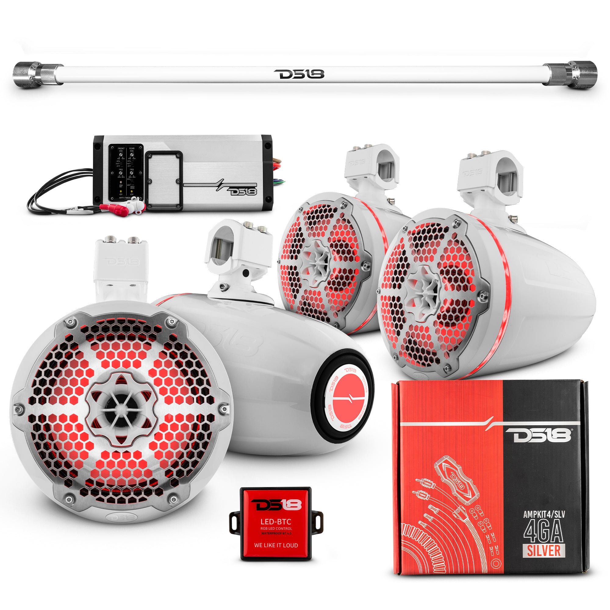4x8 Marine Tower Speakers with RGB LED Lights - 4 Channel Marine Amplifier & AMPKIT Bundle for Boats, Pickup Trucks & Off-Road Vehicles | Waterproof Audio System for Outdoor Adventures, Parties & Marine Entertainment