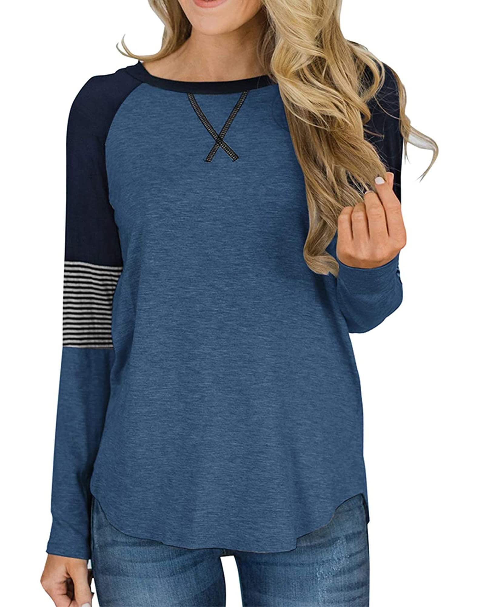 Women's Color Block Round Neck Tunic Top - Casual Long Sleeve Blouse for Work, Office & Everyday Wear | Comfortable Stretch Fabric for Fall & Winter Outfits