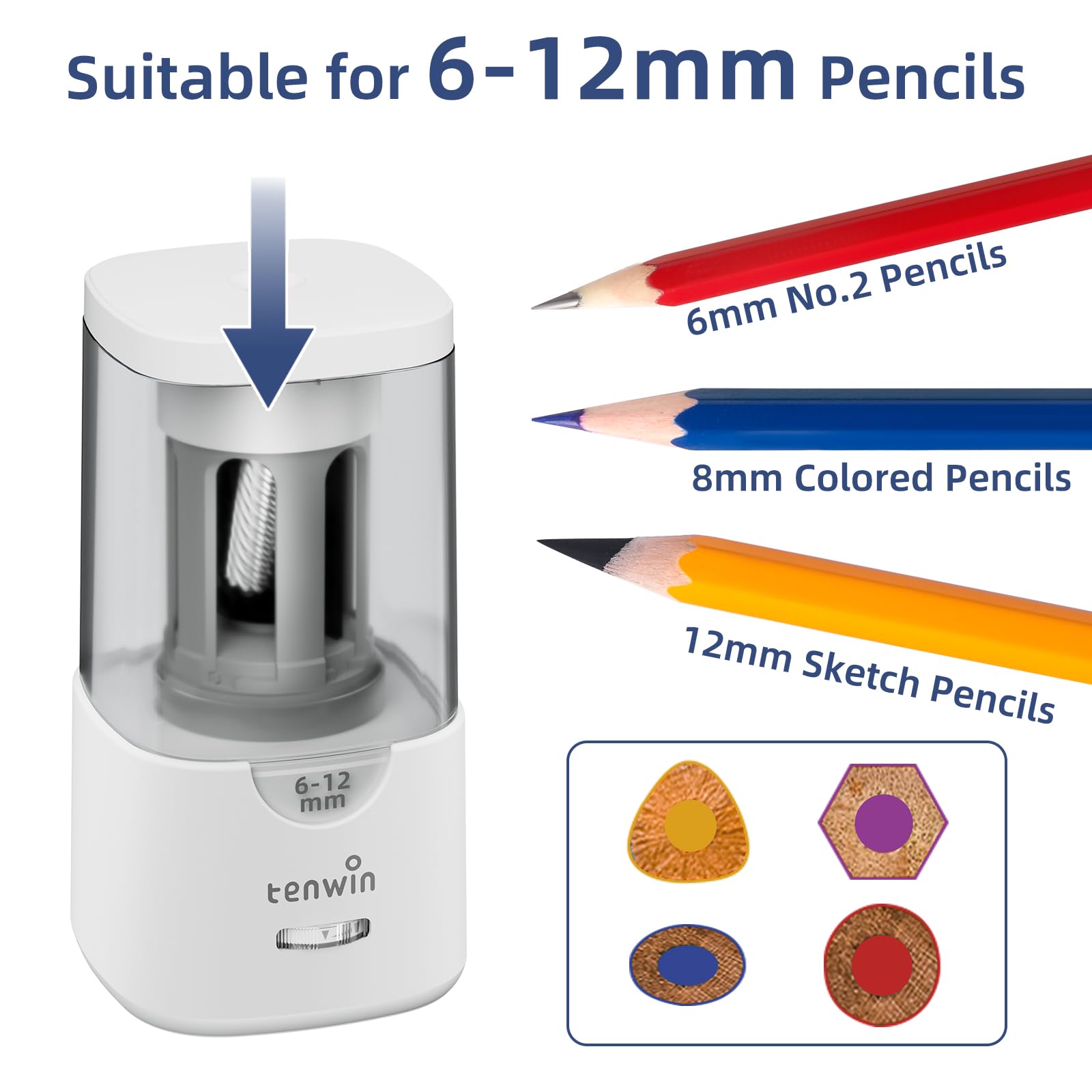 Electric Pencil Sharpener with Auto Stop - Fast & Precise Helical Blade for 6-12mm Colored Pencils - Plug-in Sharpener for Home, Office & Classroom Use (White) - Perfect for Artists, Students & Teachers