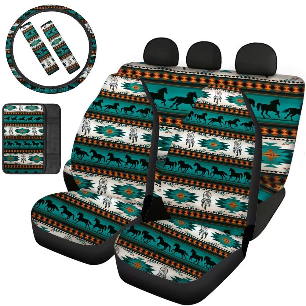 TSVAGA Turquoise Aztec Horse Car Seat Cover Set - Universal Fit for Car, SUV, Truck & Sedan | Includes Stretchy Steering Wheel Cover, Seatbelt Pads & Console Cushion (8-Piece) | Perfect for Road Trips, Daily Commute & Interior Protection