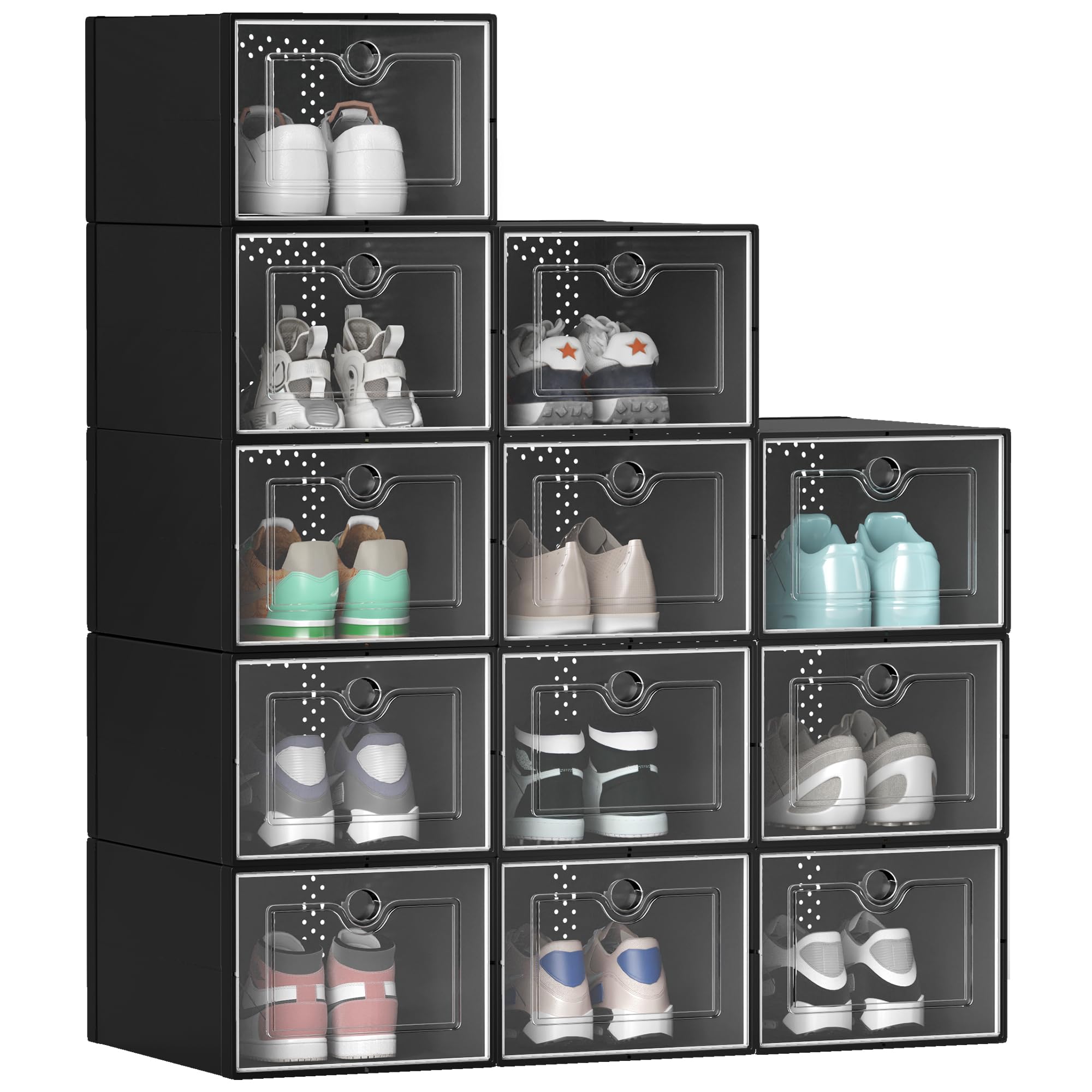 YITAHOME XL Shoe Storage Box Set of 12 - Stackable Shoe Organizer Containers with Drawers for Closet Organization - Black X-Large Size - Perfect for Bedroom, Entryway & Shoe Cabinet Storage