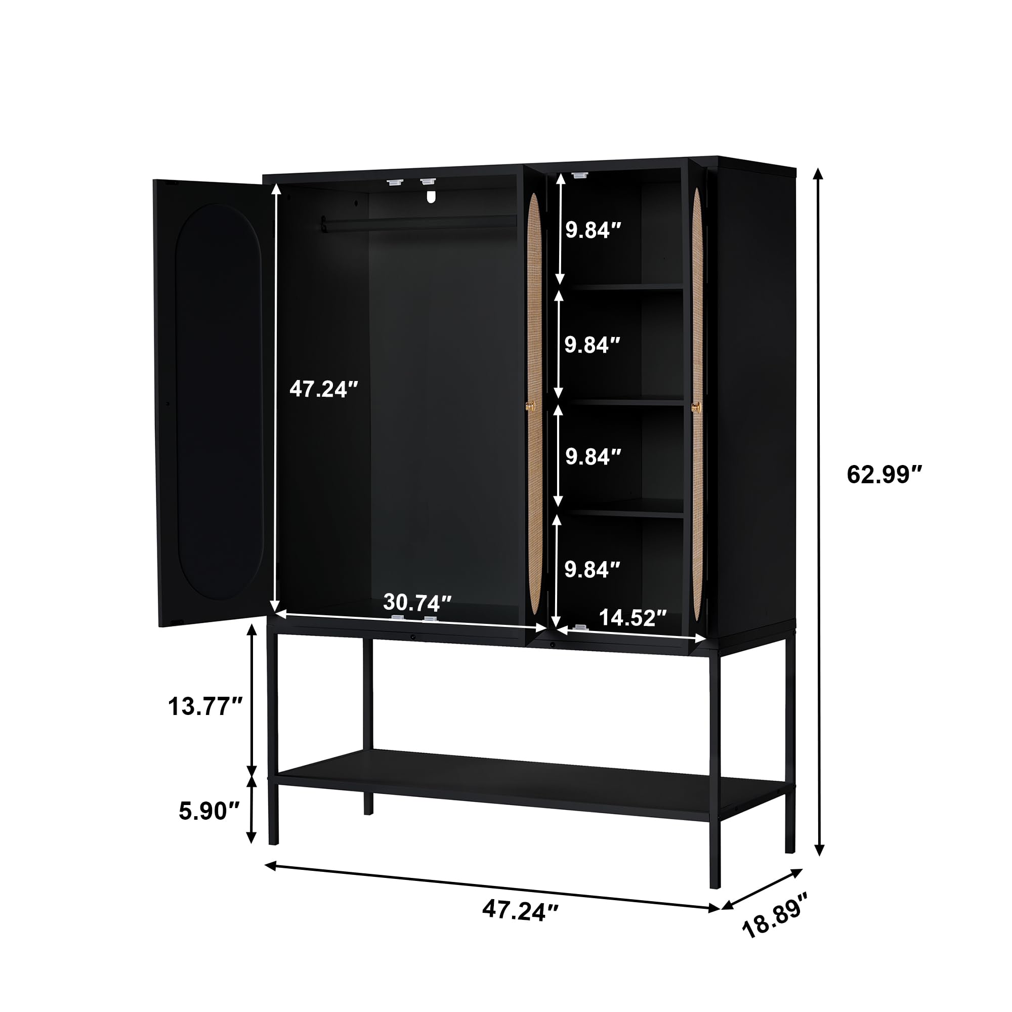 LEVNARY 3-Door Large Armoire Wardrobe Closet - Freestanding Rattan Cabinet with Hanging Rail for Clothes Storage, Wooden Closet Organizer for Bedroom, Black (47.24