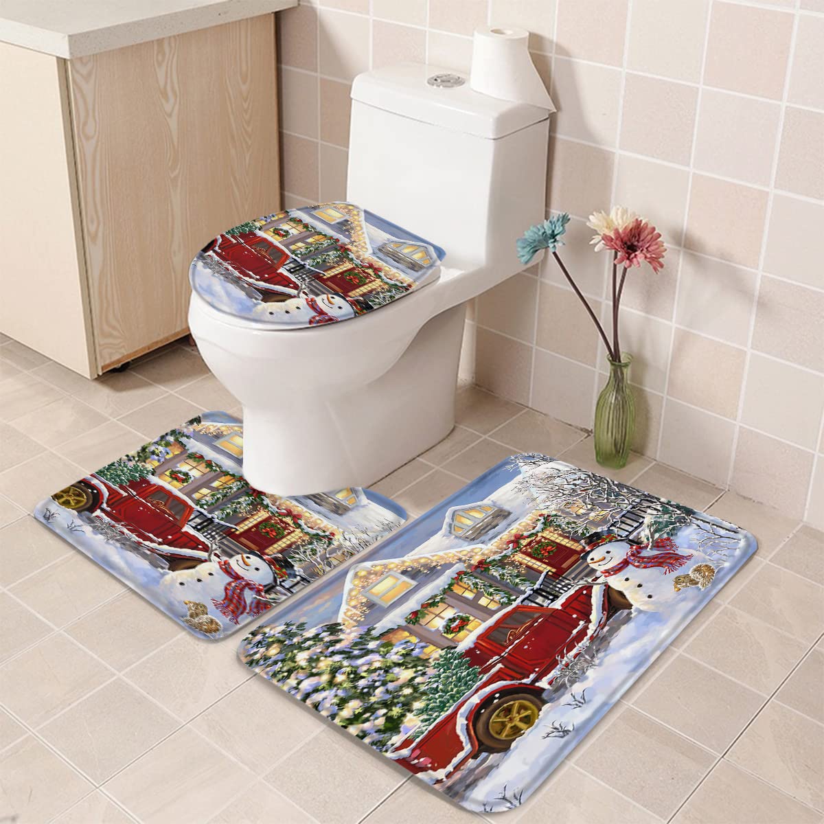 Christmas Snowman Bathroom Rug Set - 3 Piece Non-Slip Toilet Seat Cover, Contour Rug & Pedestal Mat (18