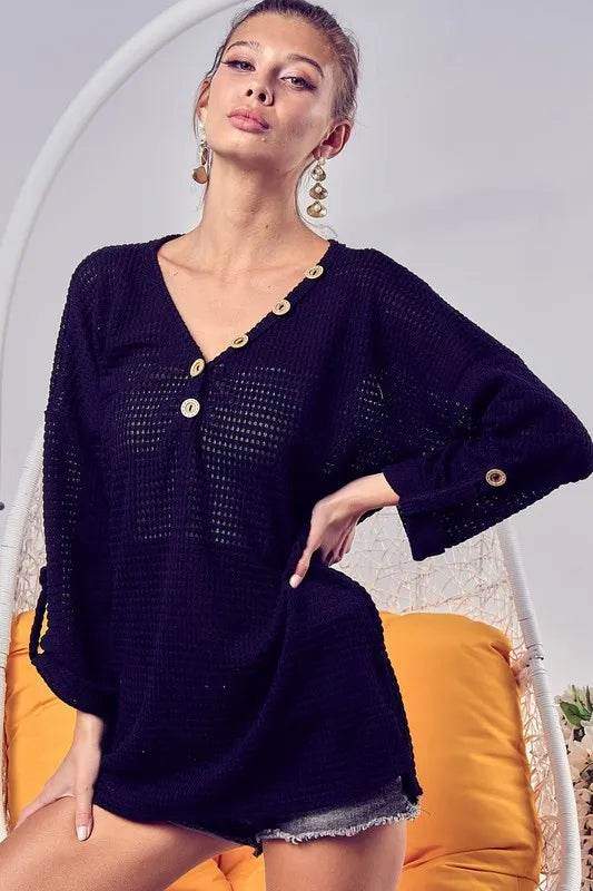 BiBi Popcorn Waffle Top with Buttoned Placket - Stylish Women's Casual Shirt for Work, Date Night & Everyday Wear