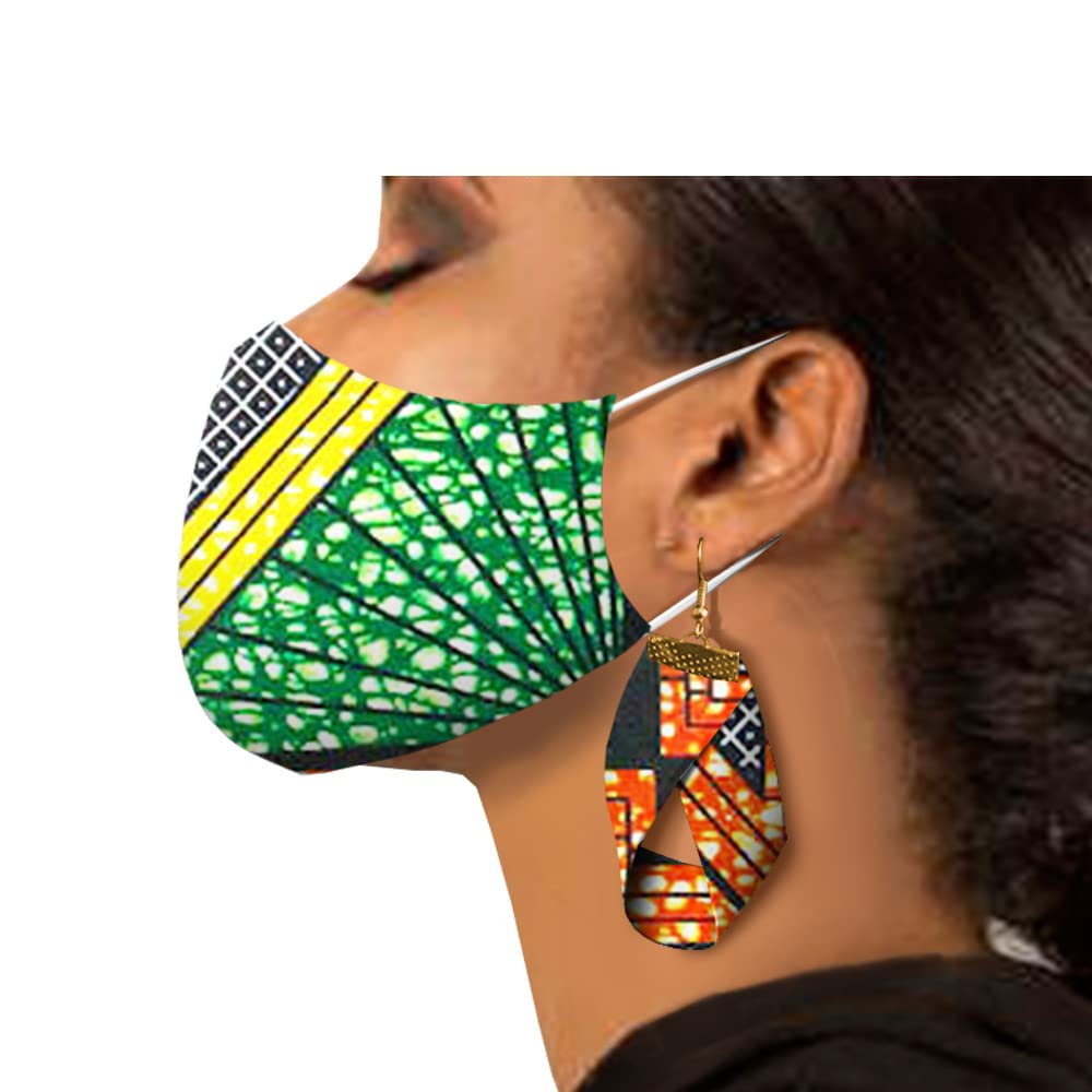 African Ankara Print Face Mask and Earrings Set for Women - Dashiki Wax Batik Cotton Fashion Accessories with Floral Pattern - Perfect for Parties, Weddings and Cultural Events