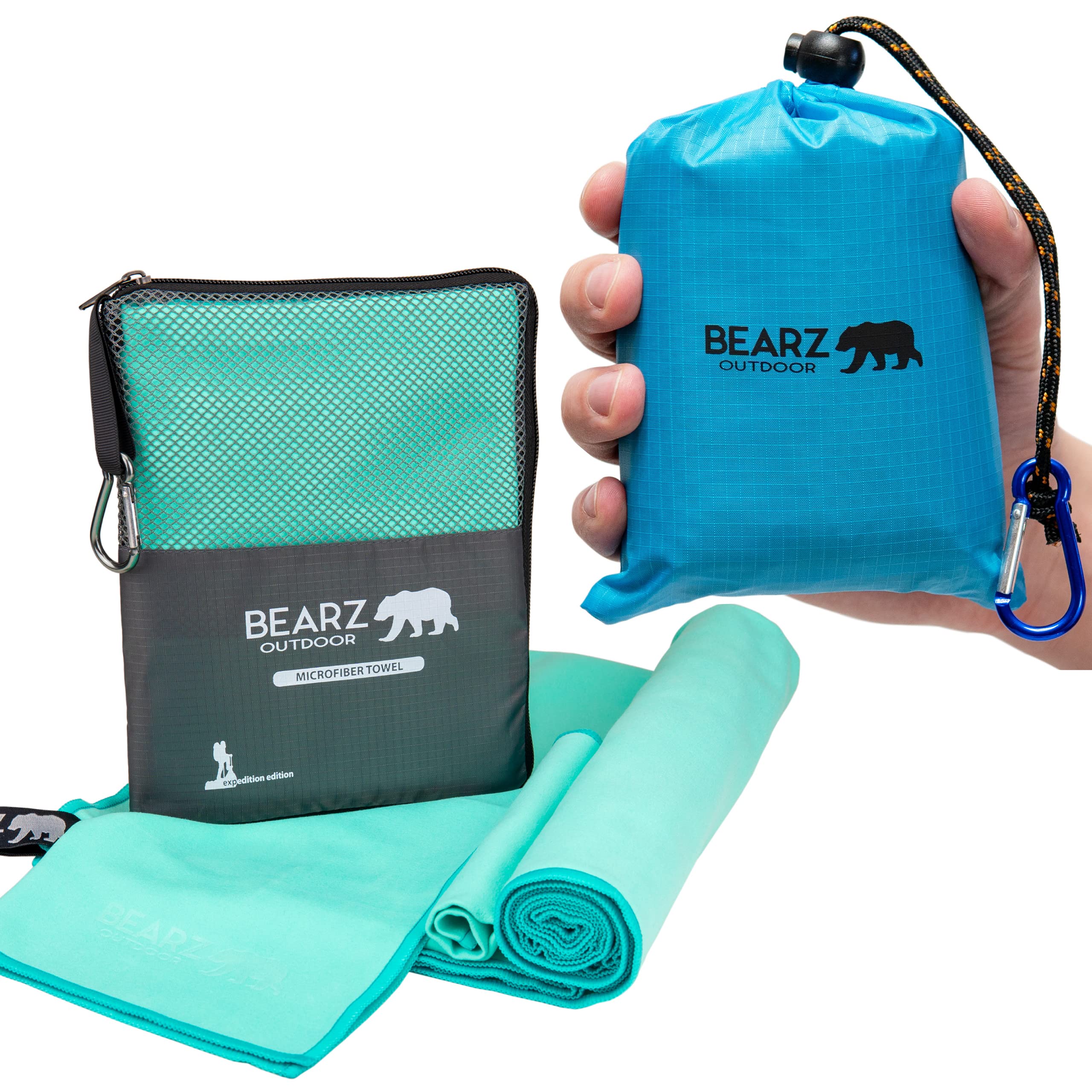 **Blue Pocket Blanket & Quick Dry Green Travel Towel Set - Ultra Lightweight Microfiber Beach Blanket, Camping Towel, Picnic Mat for Outdoor Adventures, Hiking, Beach Trips & Travel**