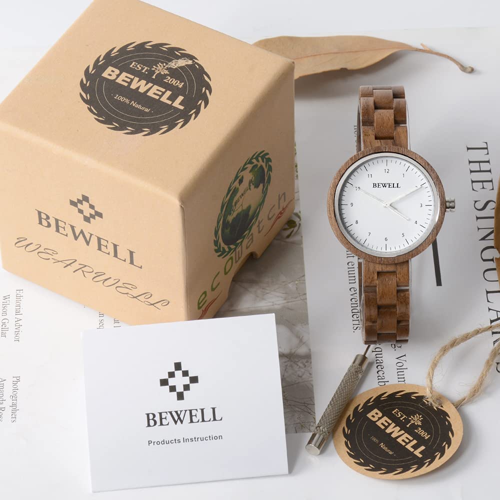BEWELL Women's Wooden Watches - Handmade Lightweight Adjustable Wooden Band Quartz Wristwatch - Perfect for Casual Wear, Office & Outdoor Activities