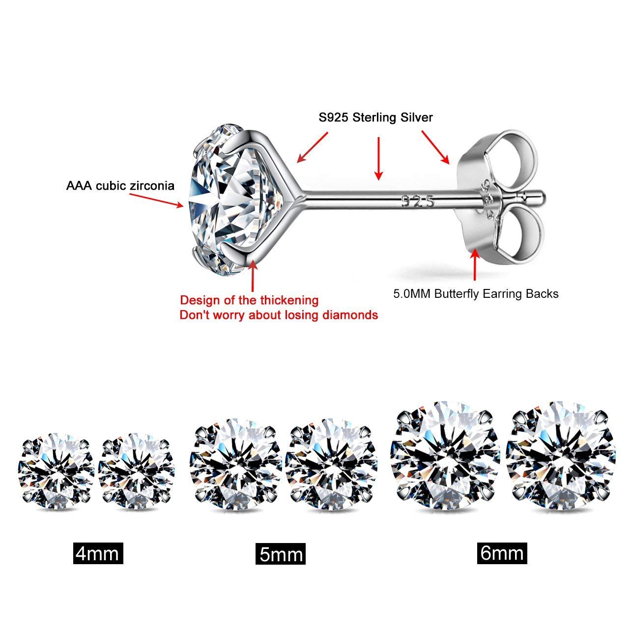 925 Sterling Silver Cubic Zirconia Stud Earrings for Women - Hypoallergenic Diamond Simulated Earrings - Perfect for Everyday Wear, Gift Giving & Special Occasions