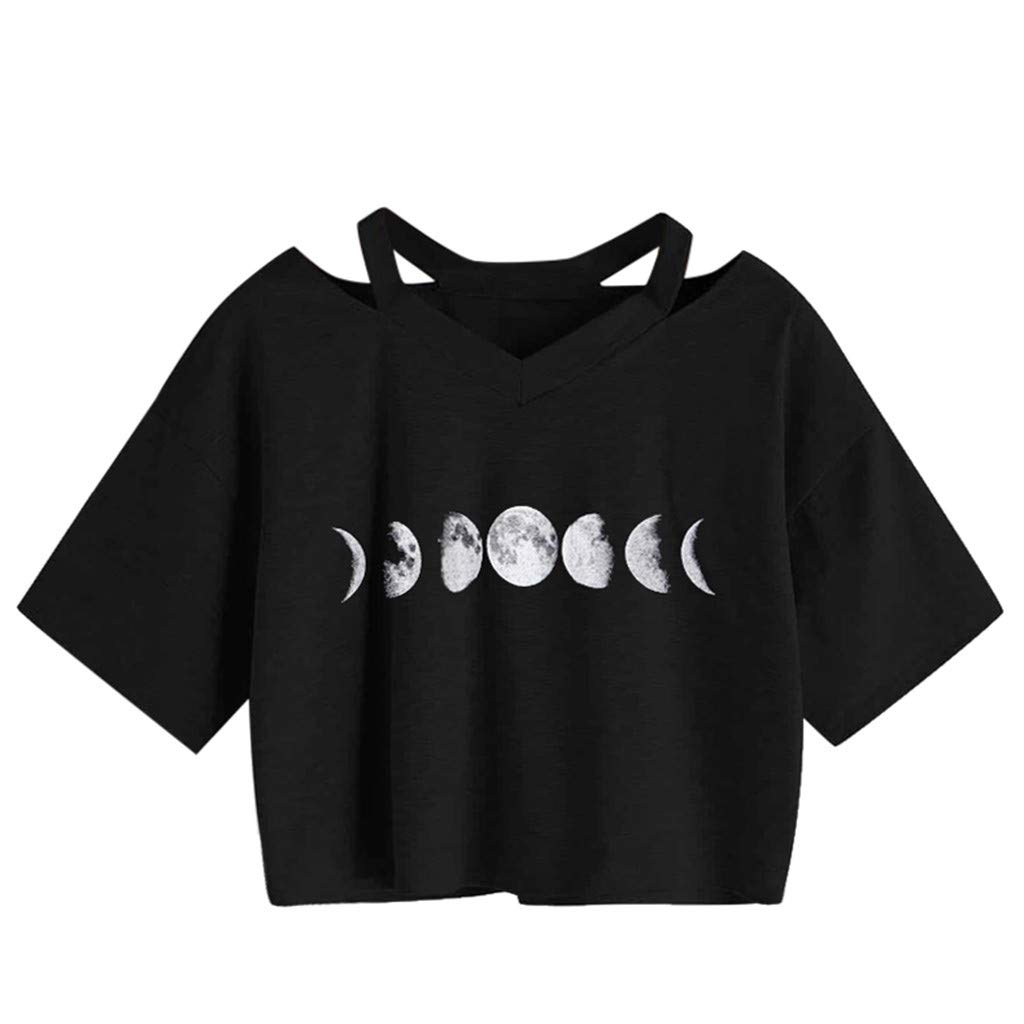 Women's Casual Short Sleeve T-Shirt Pack - Summer Printed Loose Fit Tee with Moon Design (Black, Large) | Perfect for Everyday Wear, Beach Outings & Relaxing at Home