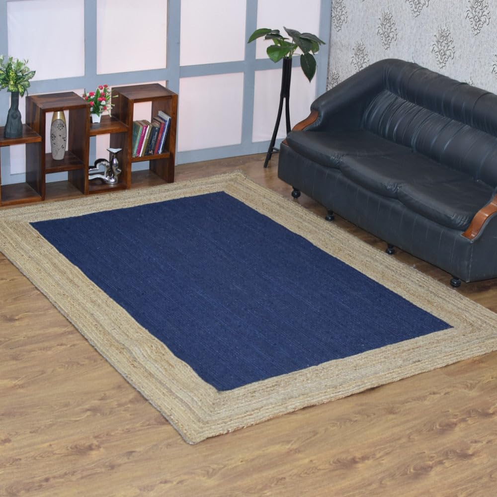 Hand Woven Jute Eco-Friendly Contemporary Area Rug 5'x8' - Blue Beige Rectangle Natural Fiber High Pile Rug for Living Room, Bedroom & Outdoor Use | Durable Indoor Outdoor Handmade Jute Rug (J00026)