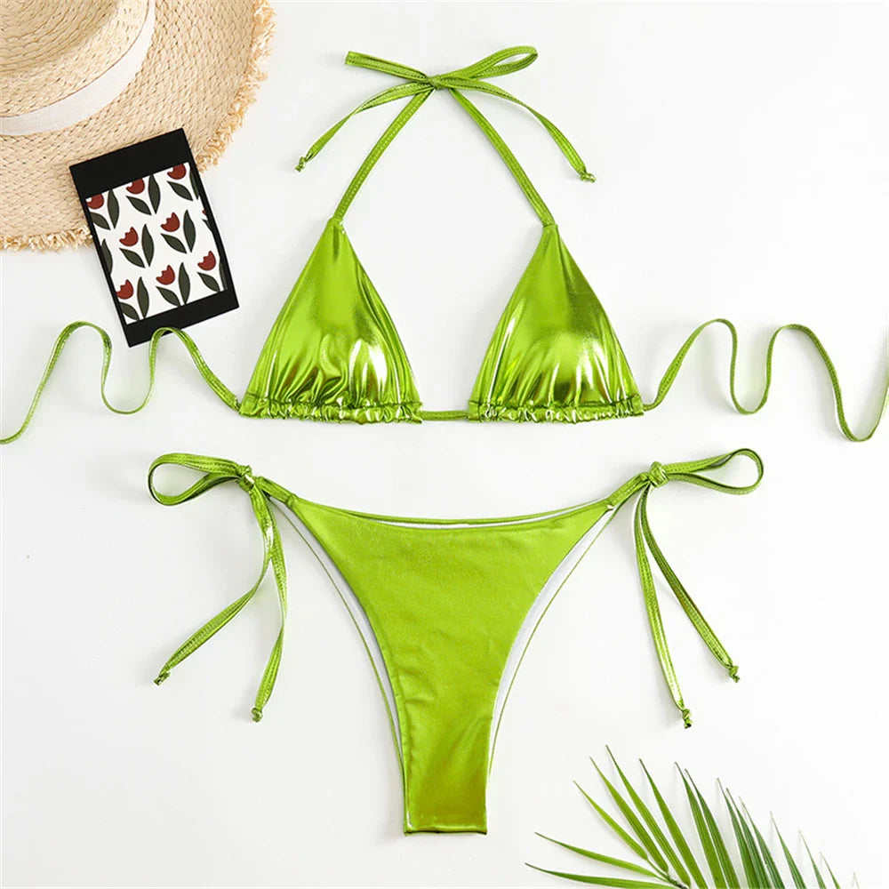 Sexy Halter Triangle Bikini Set - Women's Patent Leather Glitter Swimsuit with G-String & Side Lace Up Design | Perfect for Summer Beach Vacation, Pool Party & Tropical Getaway
