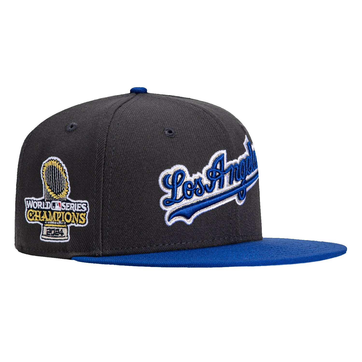 New Era 59Fifty Los Angeles Dodgers 2024 World Series Champions Patch Script Hat - Graphite & Royal Blue - Official MLB Baseball Cap for Men & Women - Perfect for Games, Fan Gear & Streetwear