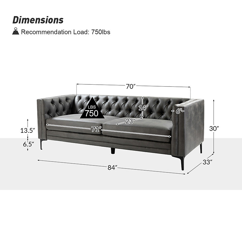 84'' Vegan Leather Tufted Sofa - Modern Faux Leather Couch for Living Room, Office & Lounge - Comfortable Mid-Century Style Sectional with Button Tufting