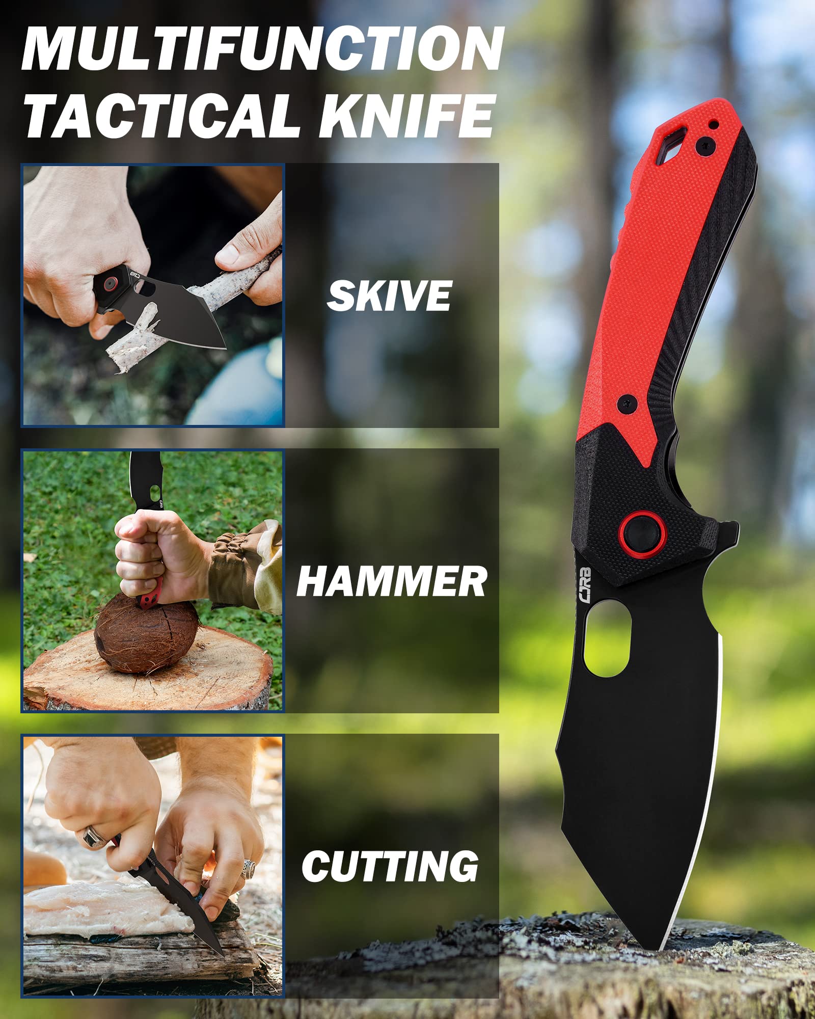 CJRB Crag Folding Knife with Blue G10 Handle & Caldera Red EDC Companion - Perfect for Outdoor Camping, Hiking and Everyday Carry