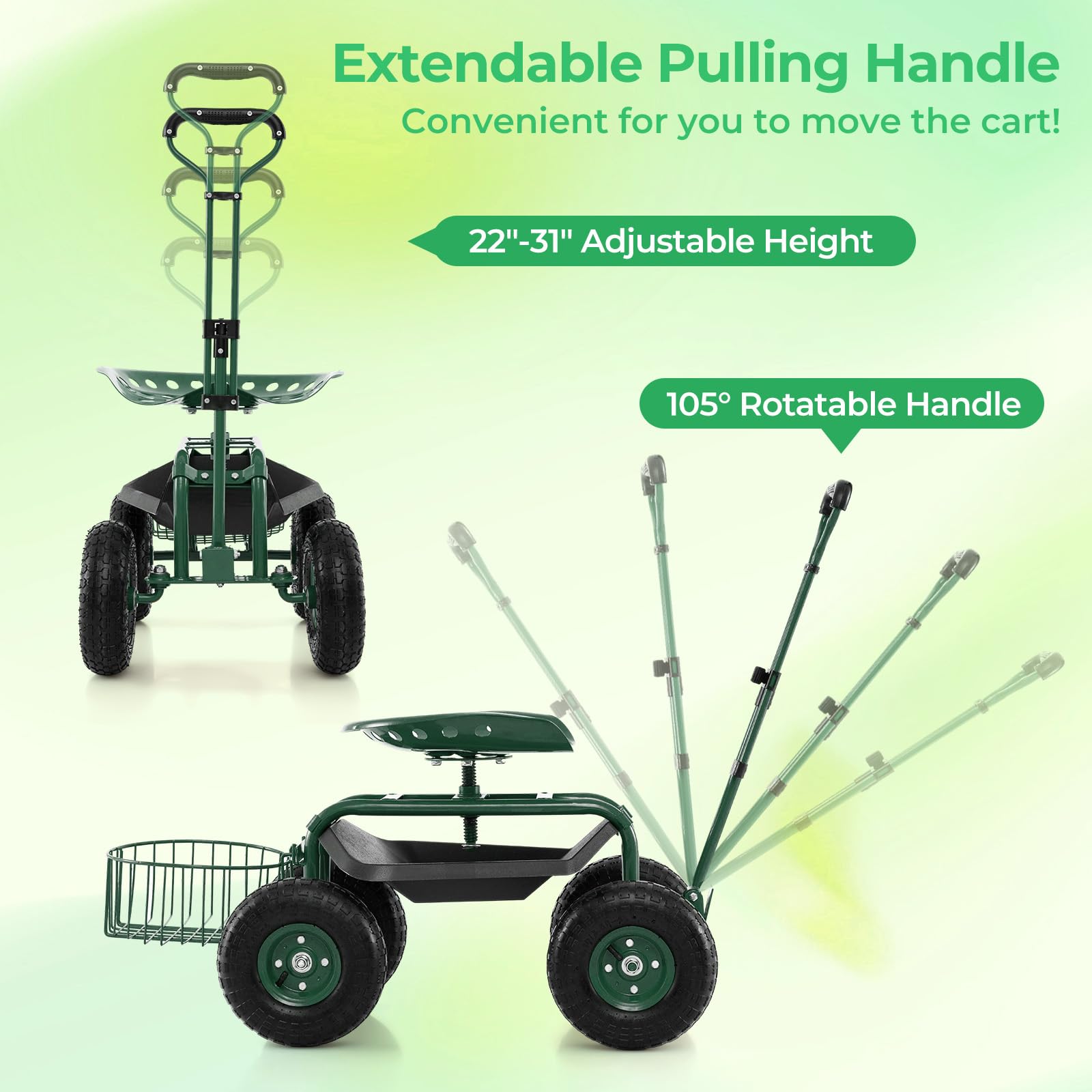 DORTALA Heavy Duty 4-Wheel Garden Cart with 360° Swivel Seat, Storage Basket & Tool Tray - Adjustable Steering Handle & Height for Gardening, Planting & Yard Work | Perfect for Greenhouse, Farm & Outdoor Landscaping