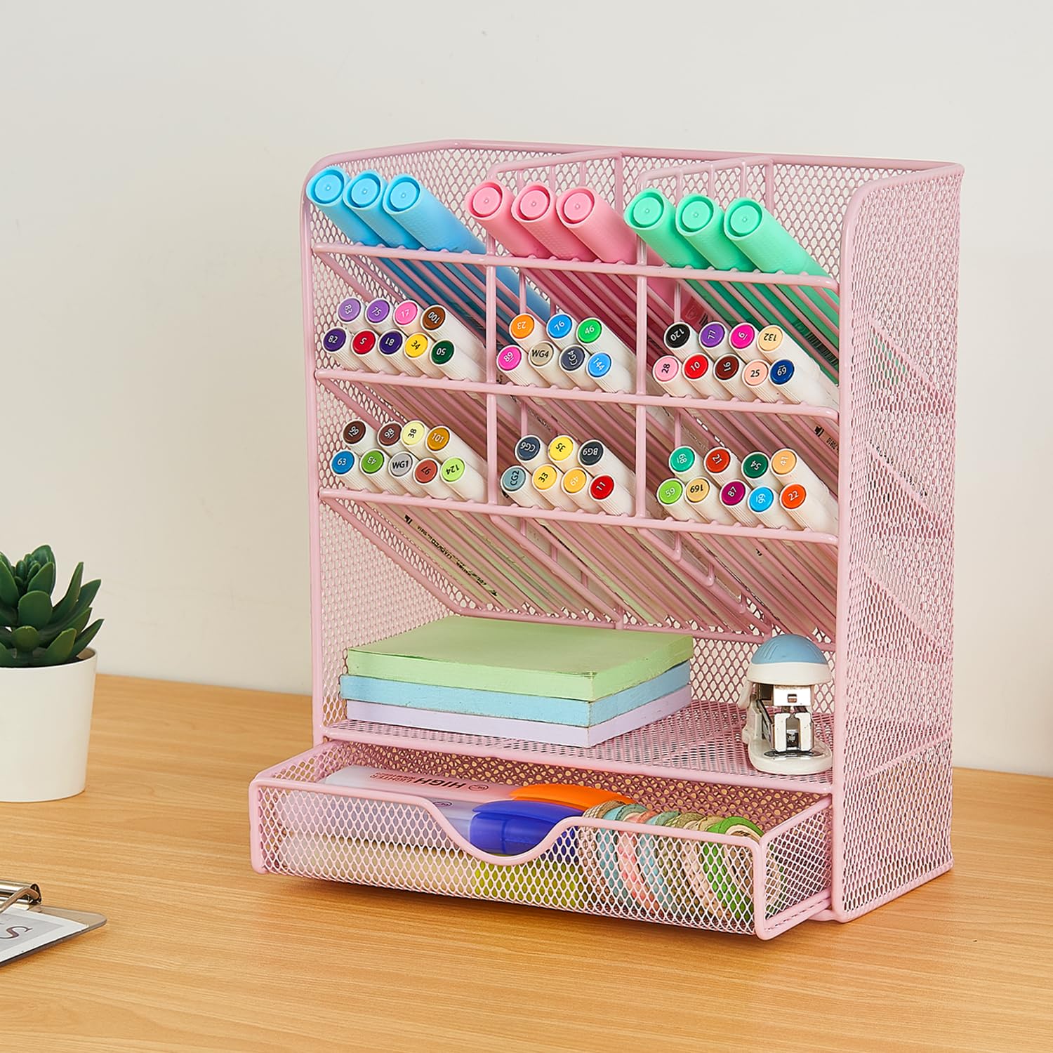 Spacrea 10-Compartment Pen Holder with Drawer - Stylish Desk Organizer for Office, School & Home - Perfect for Pens, Pencils, Markers & Stationery Storage