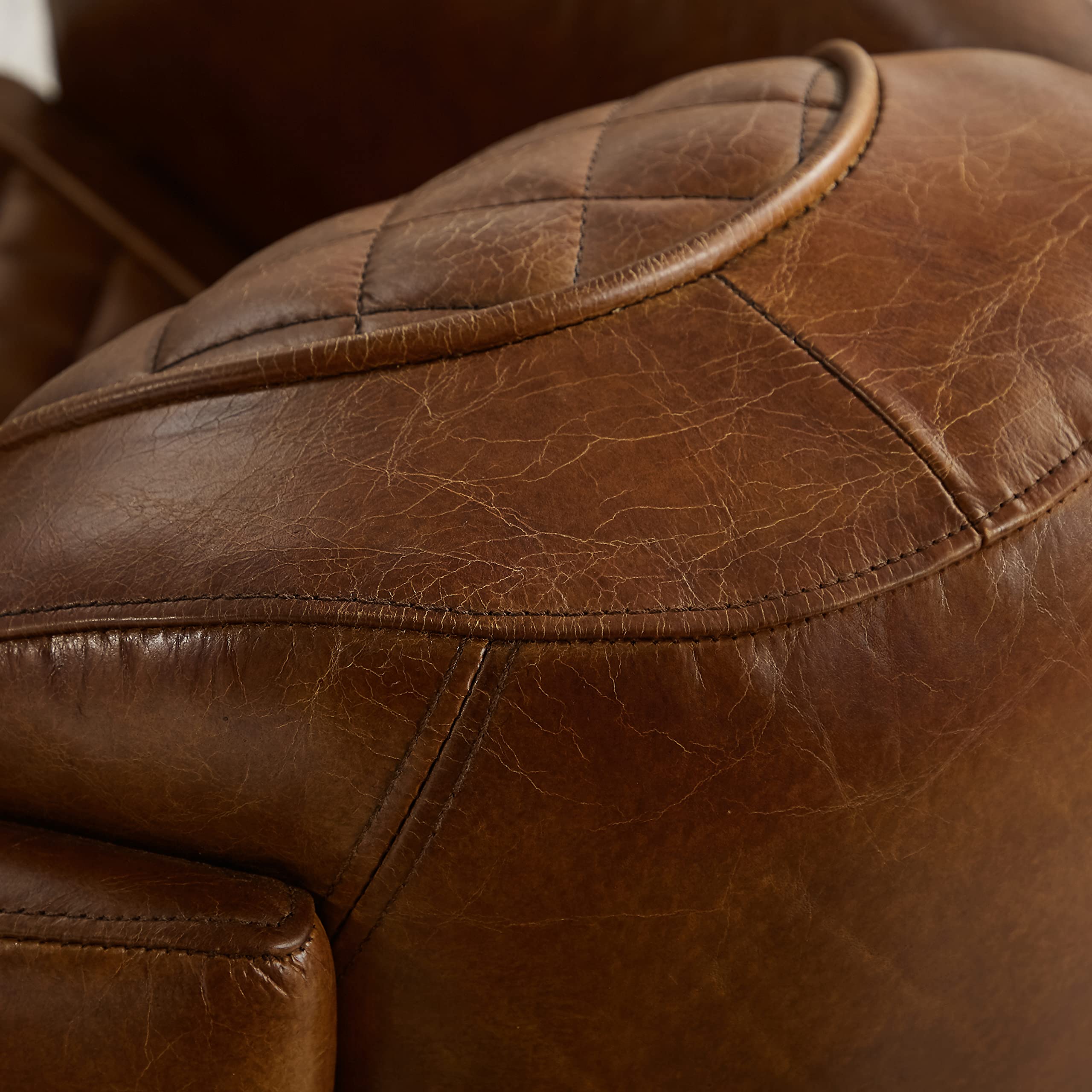Zouron Genuine Leather Mid-Century Modern Accent Chair - Barrel Style Upholstered Living Room Sofa with Wooden Legs - Single Seater for Bedroom, Home Office & Lounge Areas - Cognac Brown (1 Piece) - Perfect for Reading Nooks, Cozy Corners & Contemporary Decor