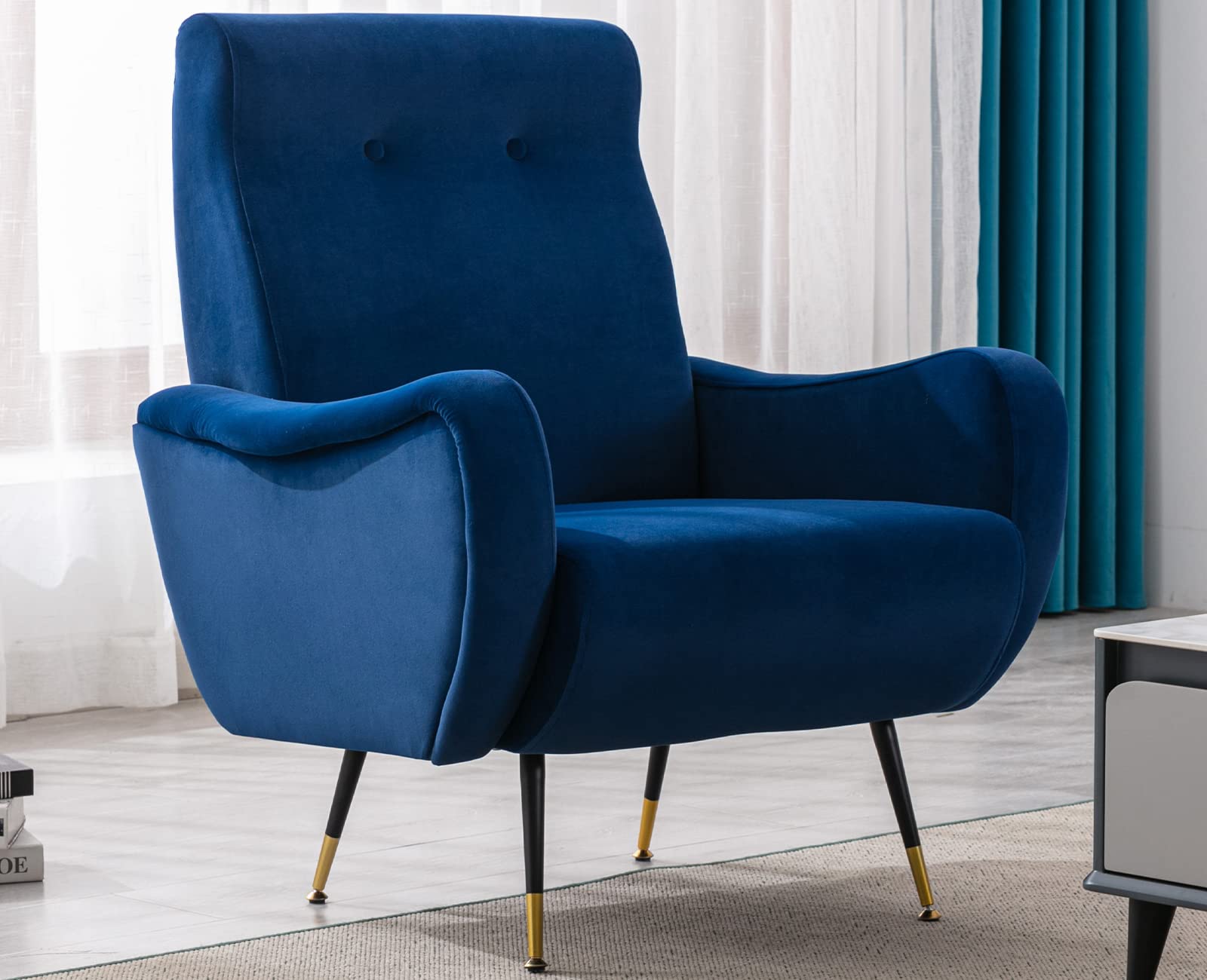 Kmax Velvet Accent Chair - Button Tufted Mid Century Modern Living Room Chair for Bedroom, Guest Room & Leisure - Soft Blue Velvet Upholstery | Perfect for Reading Nook, Lounge Area & Home Office Decor