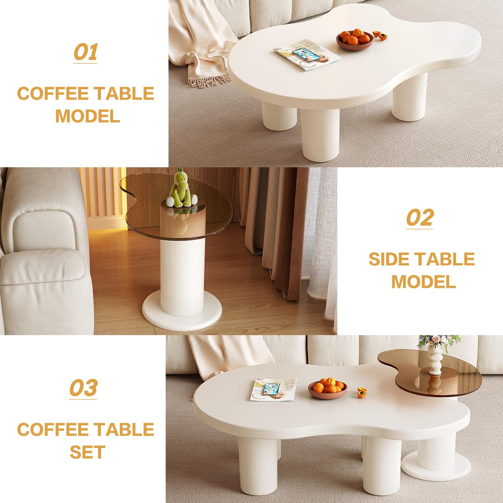Modern Nesting Cloud Coffee Table Set of 2 - Cream White Living Room Tables with Round Side Table | Space-Saving 2-in-1 Design for Small Apartments & Cozy Home Decor | Easy Assembly Coffee Tables for Living Room, Bedroom or Office