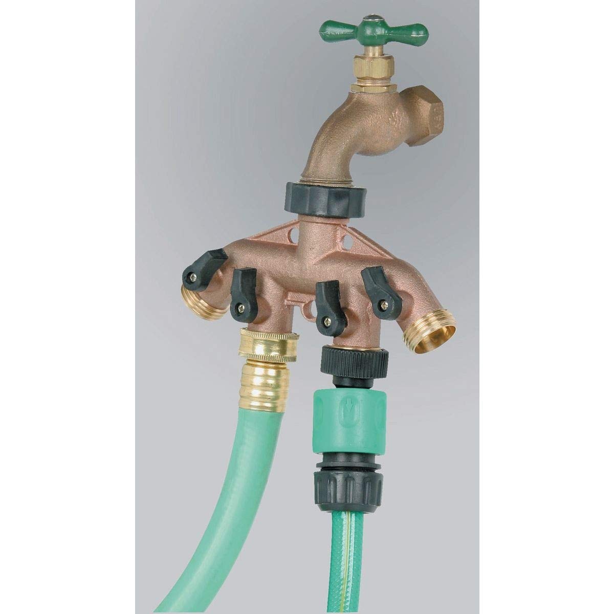 4-Way Brass Faucet Hose Manifold with Stainless Steel Valves - Garden, RV & Home Water Distribution System for Outdoor Faucets, Washing Machines & Irrigation