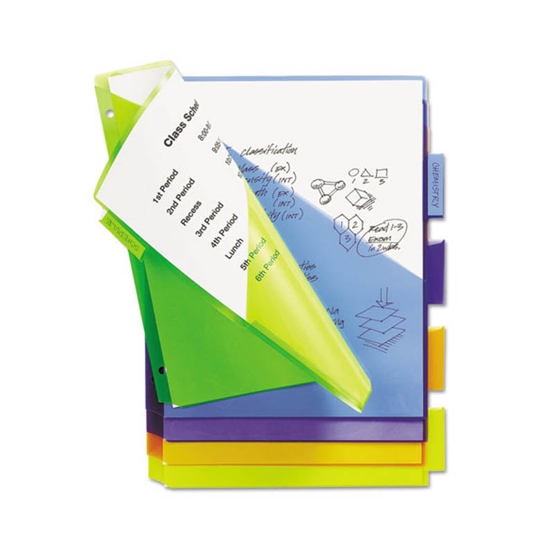 Big Tab Insertable Plastic Dividers with Two Slash Pockets - 5-Tab Letter Size Organizer Set of 5 for Office Files, School Binders & Document Management